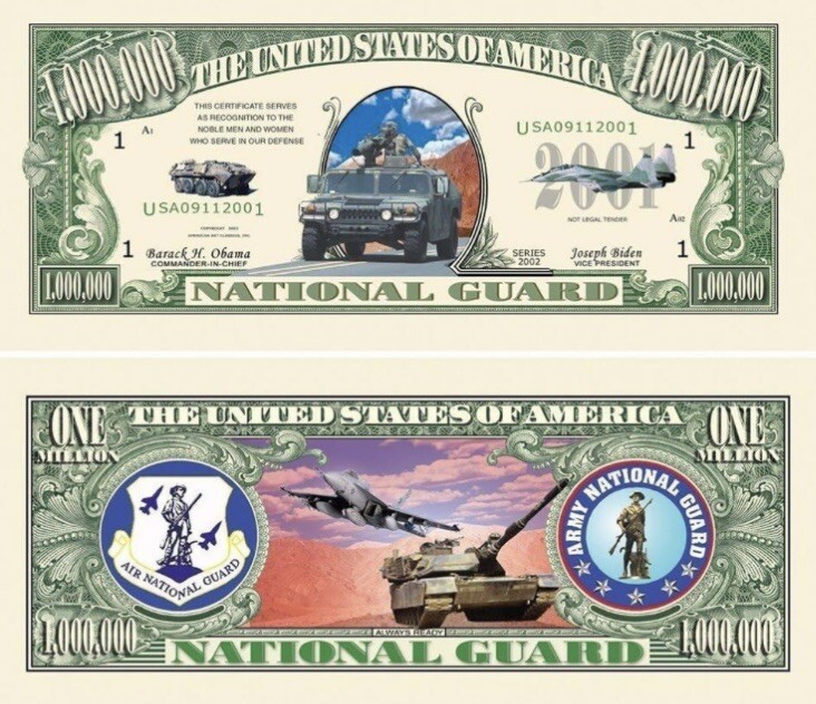 10 Pack National Guard Military Money Collectible Novelty 1 Million Dollar Bills