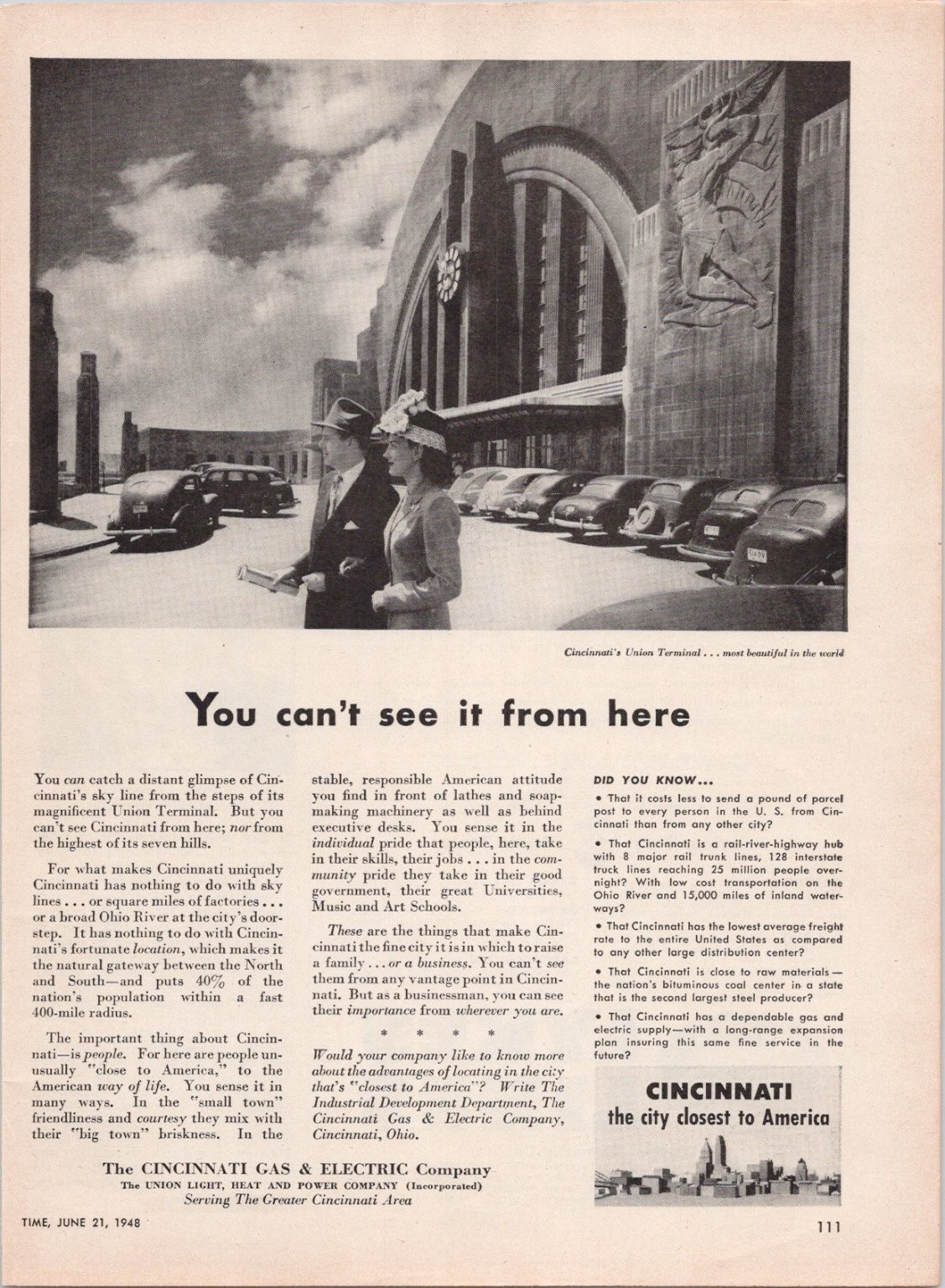 Cincinnati Gas & Electric 1948 Vintage Print Ad Union Terminal Skyline