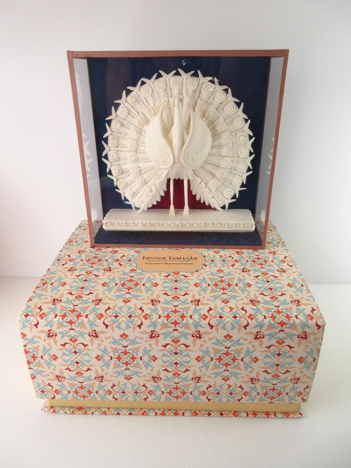 Vintage Handmade Shola (Sola Pith) Peacock Figurine in Plexiglas Case