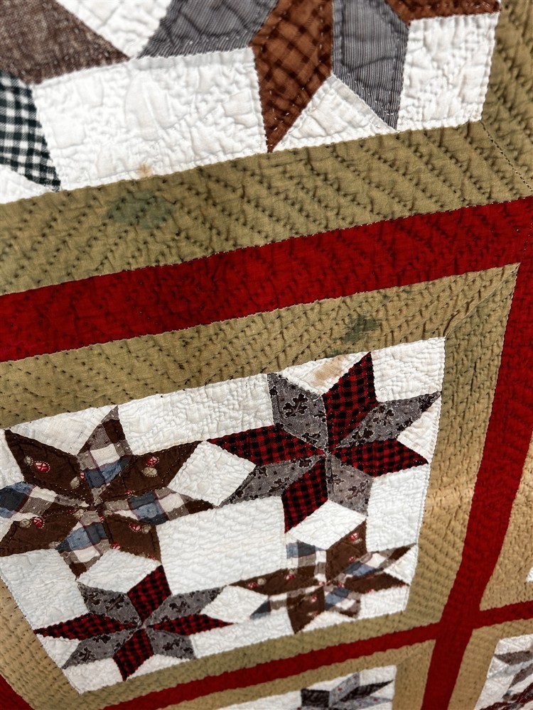 antique quilt patchwork stars red gold and white 69 x 87 print back original
