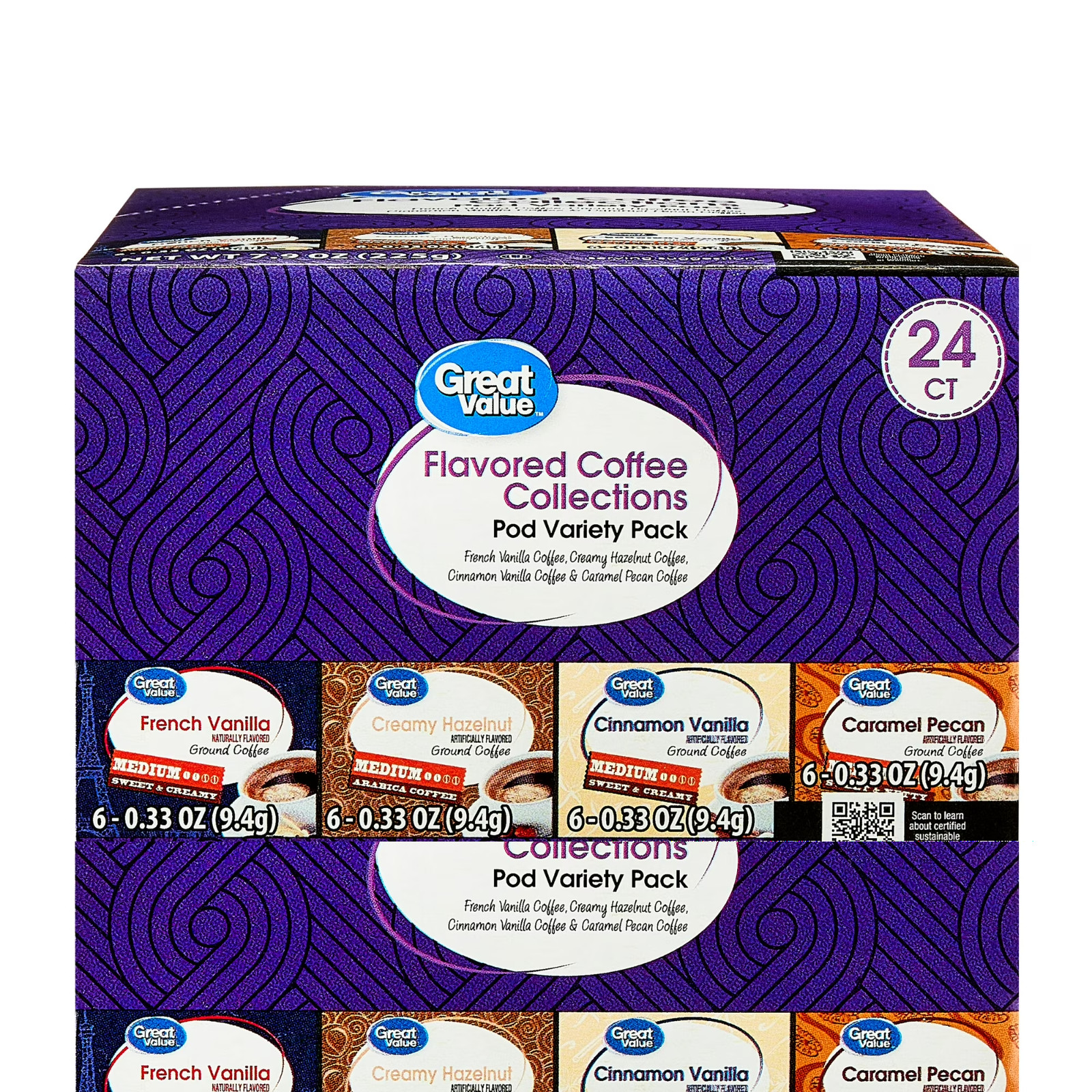 Great Value Flavored Medium Roast Ground Coffee Pods Variety Pack, 7.9 oz, 24 Co