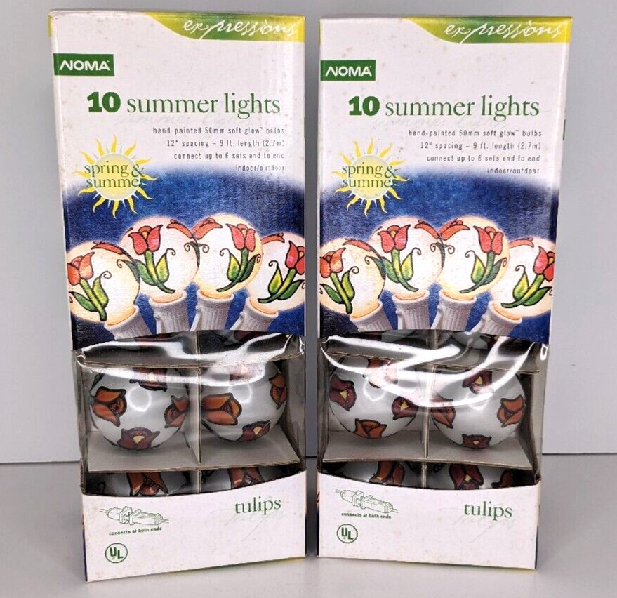 Noma String Lights Tulips Stained Glass Bulb (2) Flower Spring Patio RV Camp Vtg