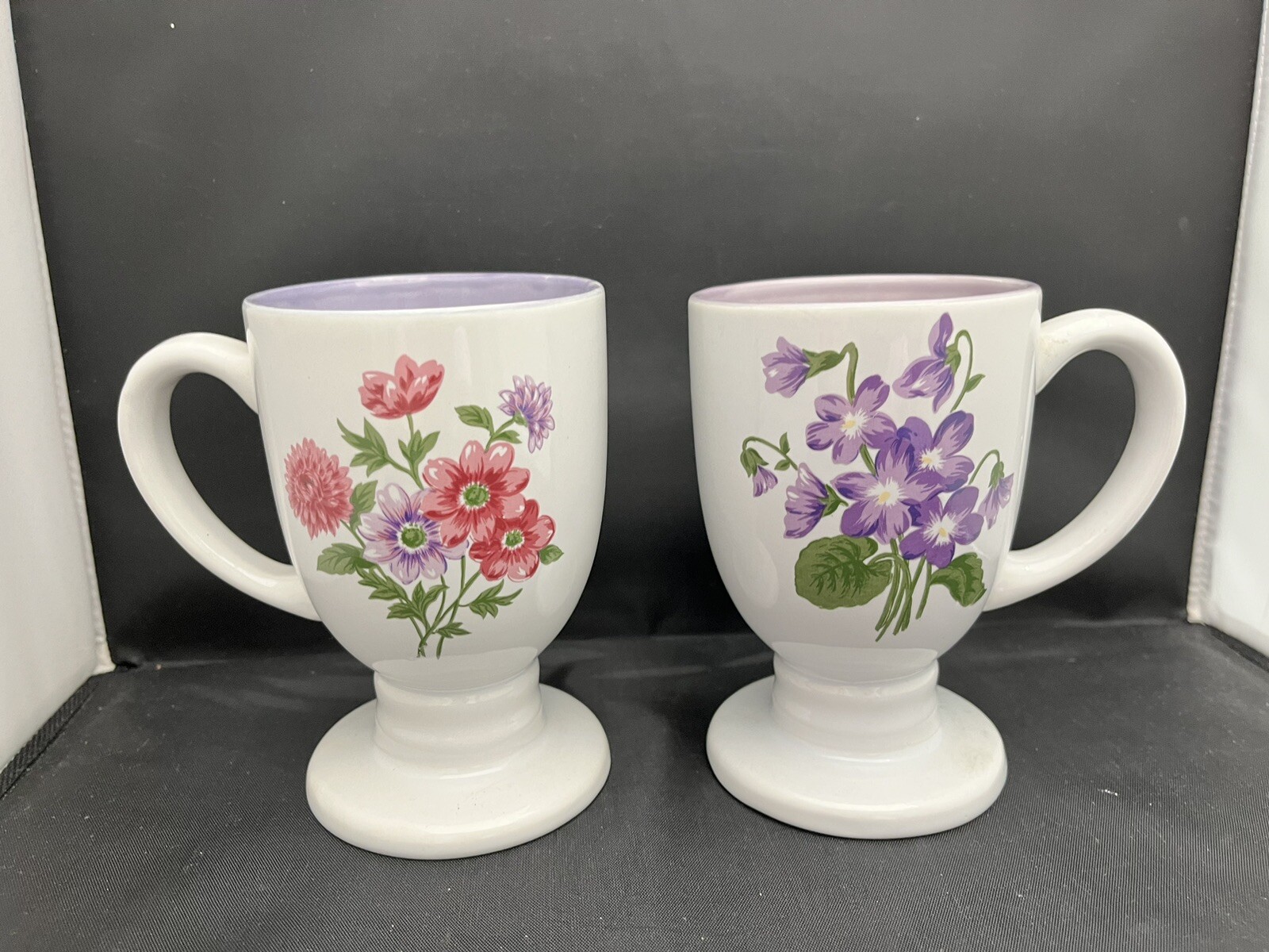 Pedestal Coffee Mugs Porcelain Floral Patterns Painted Interiors 5 1/2 in x2