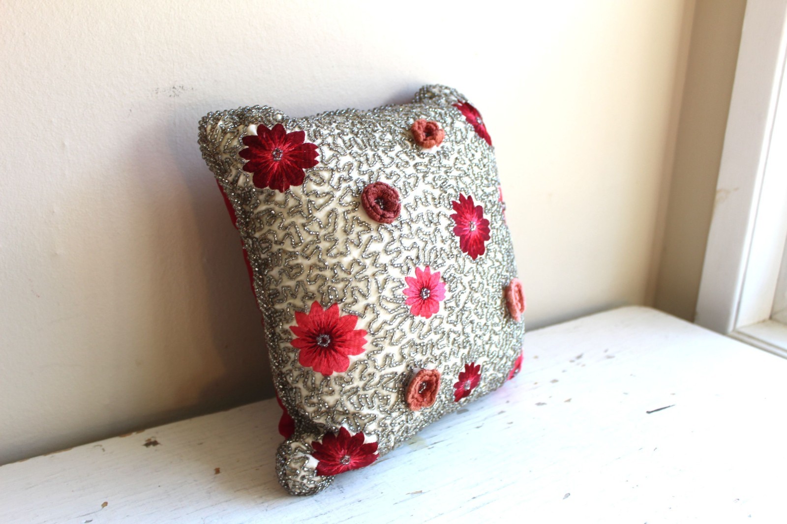 Pier One Boho Beaded Pillow Floral Embroidered Poly Insert 11 in Fairy Exotica