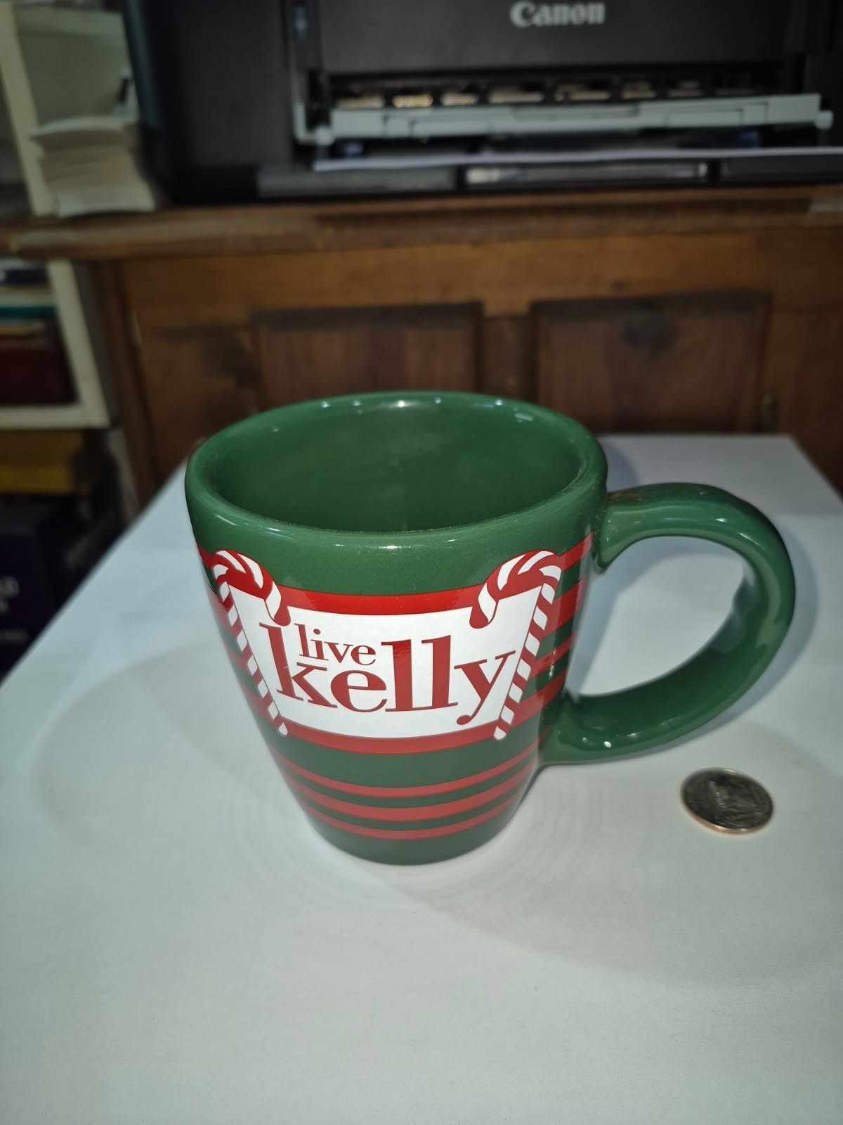 Live Kelly Ripa Coffee Mug Cup Christmas Green USA Made 4″ OT20