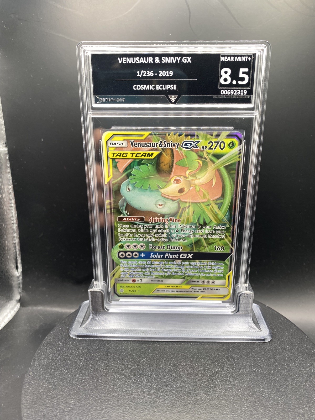 Pokemon SM Cosmic Eclipse Tag Team Venusaur & Snivy GX 1/236 GG NM-MT 8.5 2019