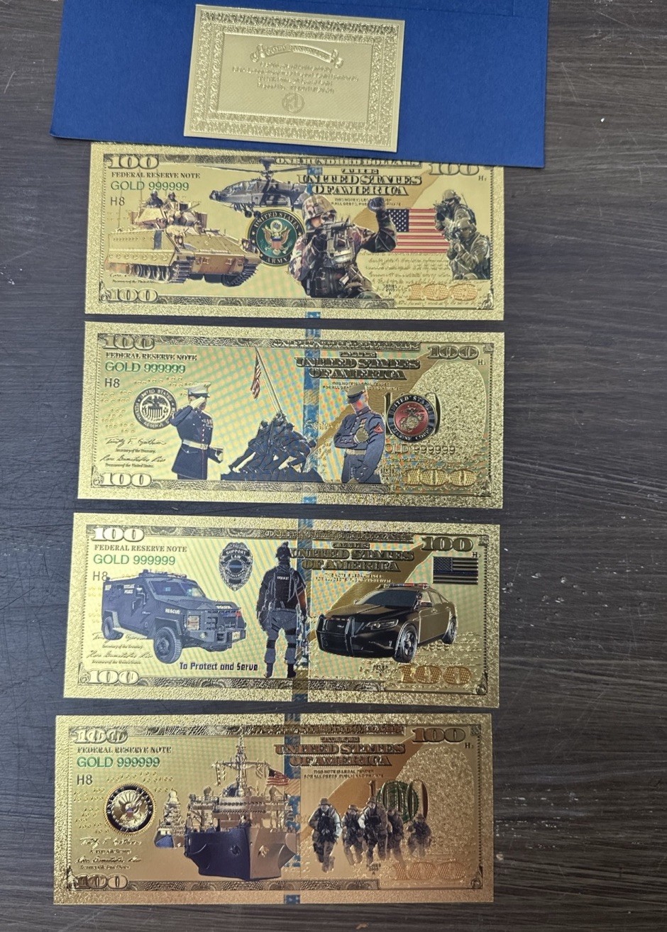 🇺🇸 Set of 4, 24k Gold Foil U.S. Military Branches Banknote Set Collectible.