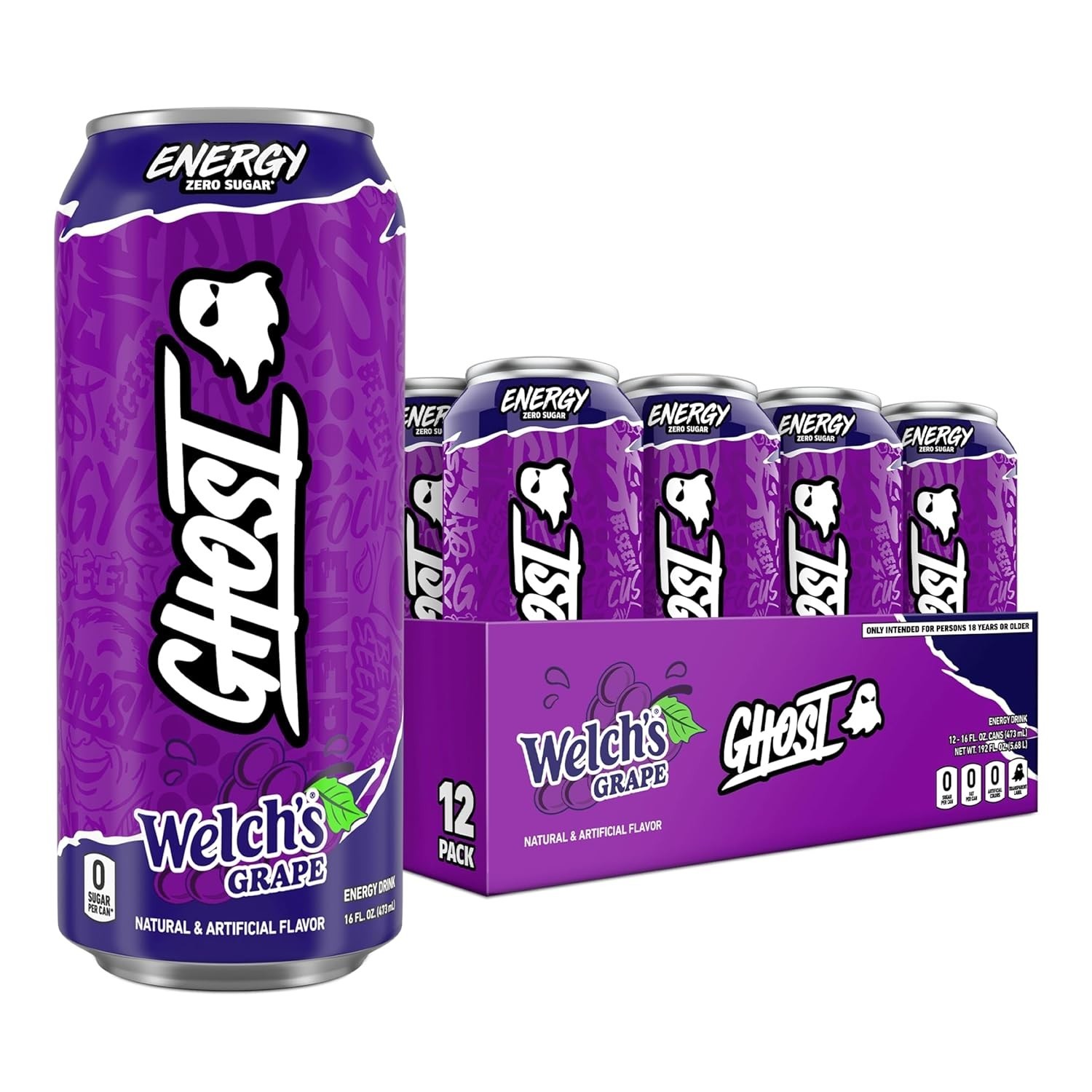 GHOST Energy Drink – 12-Pack, Welch’s Grape, 16oz Cans – Energy & Focus & No Art