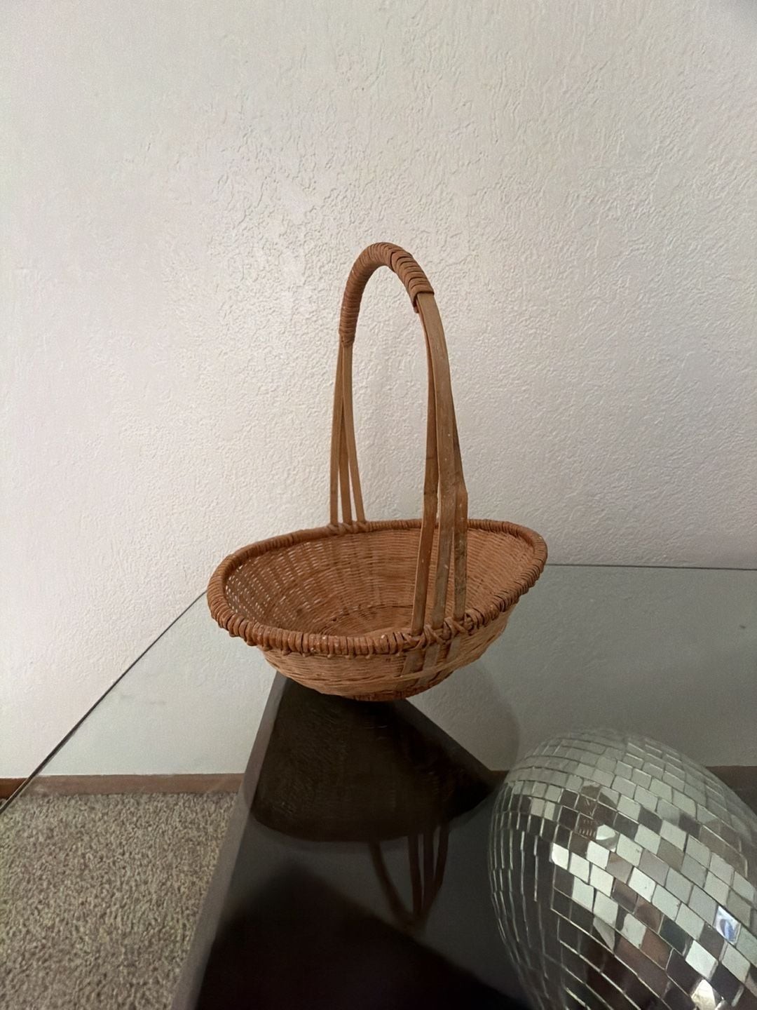 Vintage Woven Rattan Oval Gathering Basket with High Handle