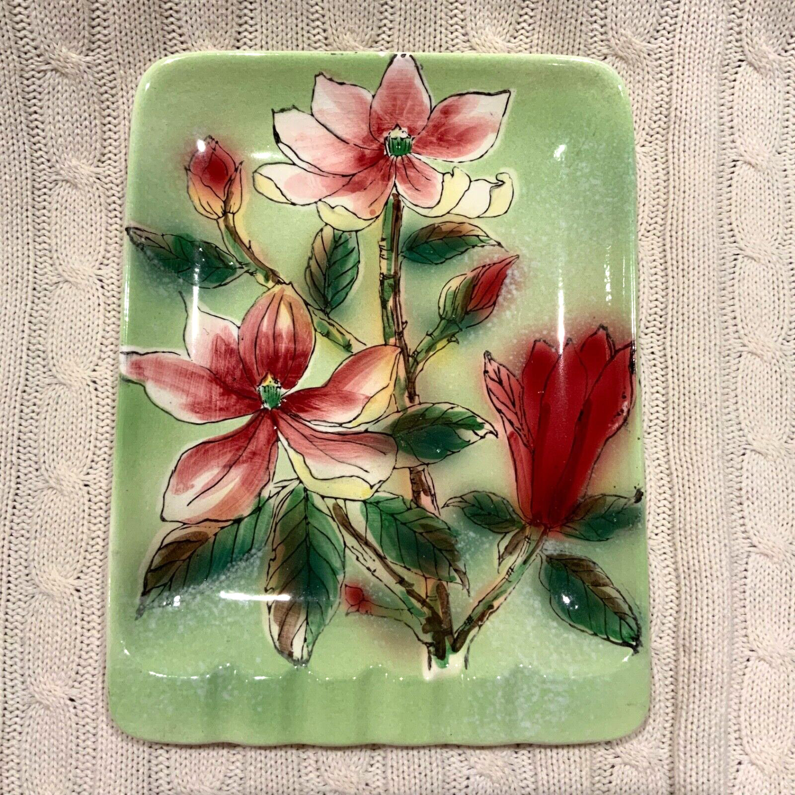 MCM Lipper & Mann Large Plate Style Ashtray Floral Green Ceramic 7 1/2” x 10”