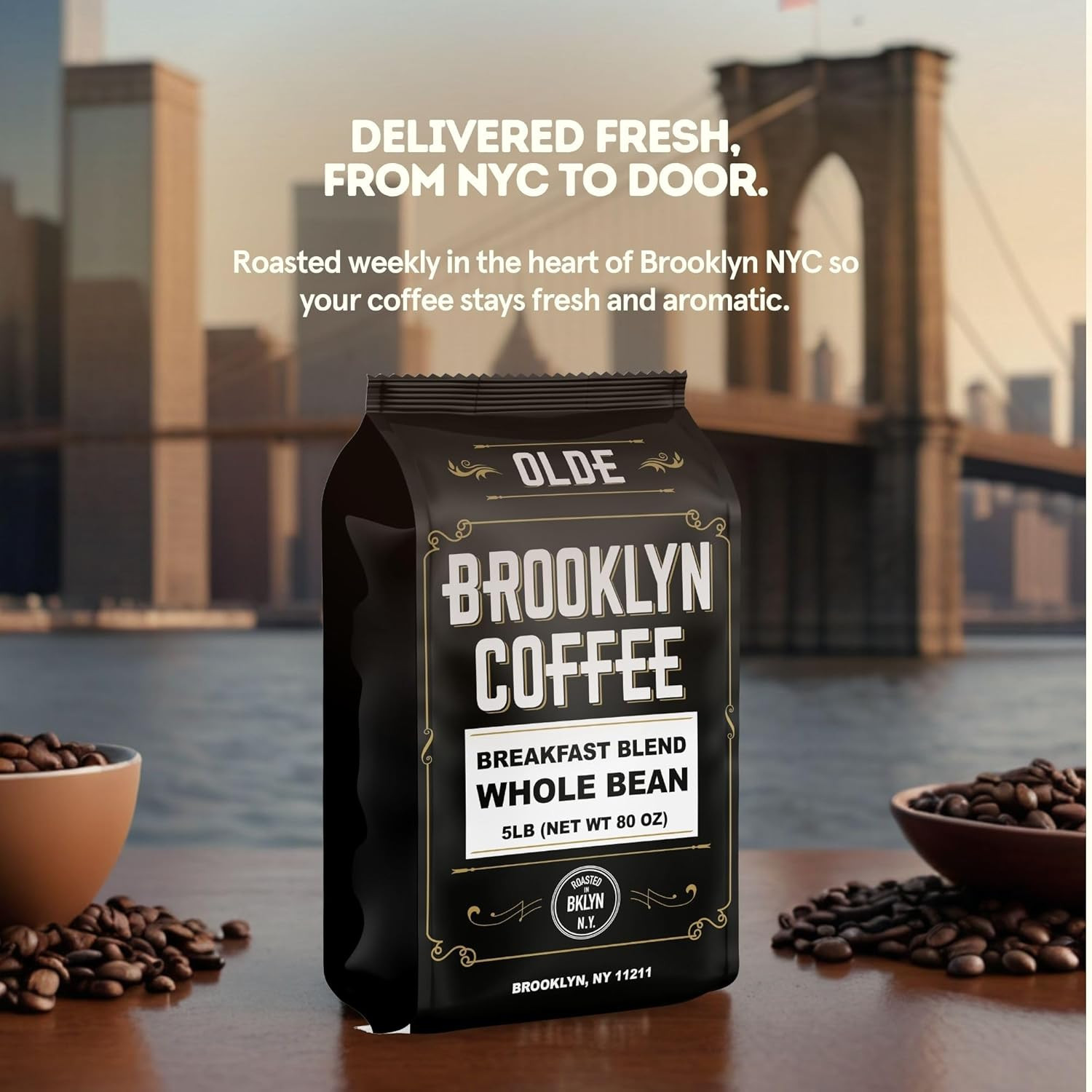 BROOKLYN COFFEE Whole Bean, Breakfast Blend Light Medium Roast (5Lb) Delicate, S