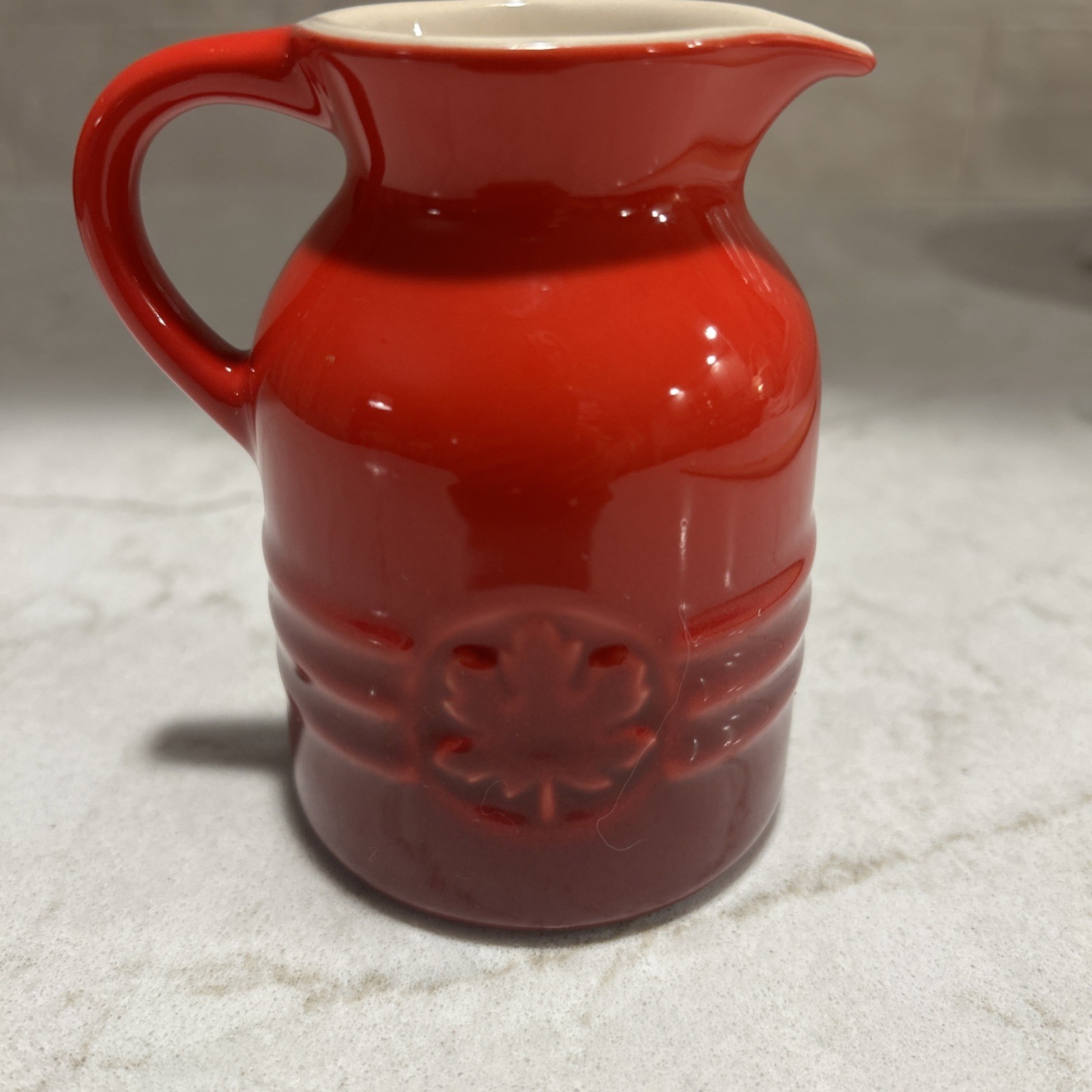 Le Creuset Stoneware Syrup Pitcher Vibrant Cerise Red Ombré Embossed Maple Leaf