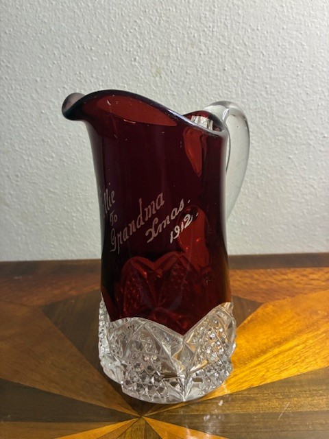 Indiana Ruby Glass with Clear Diamond Cut Pitcher – Souvenir Flash Glass 1912