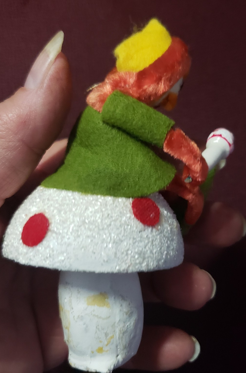 Christmas Elf Paper Papier Mache Chenille Sitting Mushroom in Hand Ornament HTF