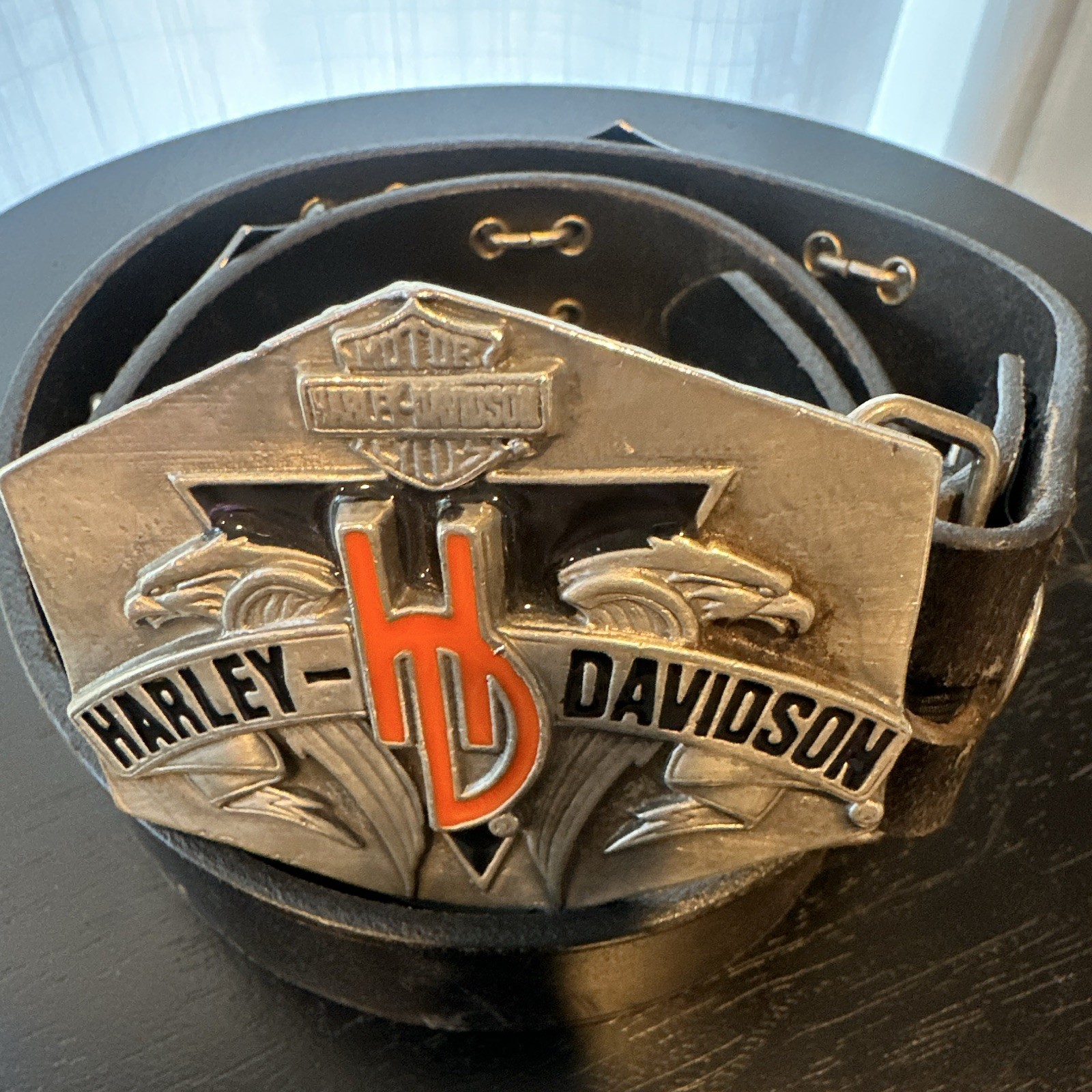 Vintage Harley-Davidson HD Logo Buckle Genuine Leather Belt Chain 32/34 98457