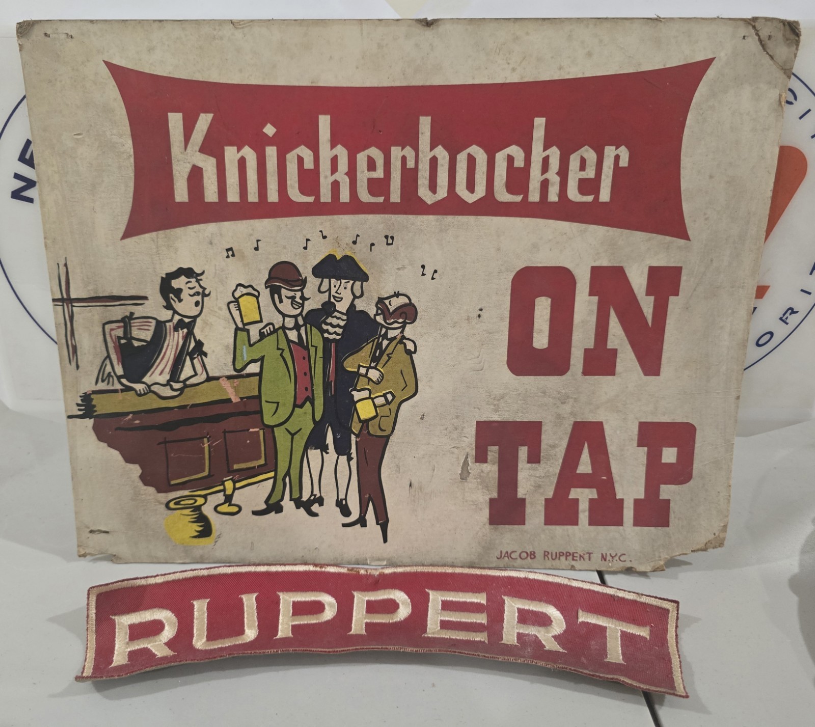 Vintage Ruppert Knickerbocker Beer Sign Paper Card Stock Bar Tavern & Patch Rare