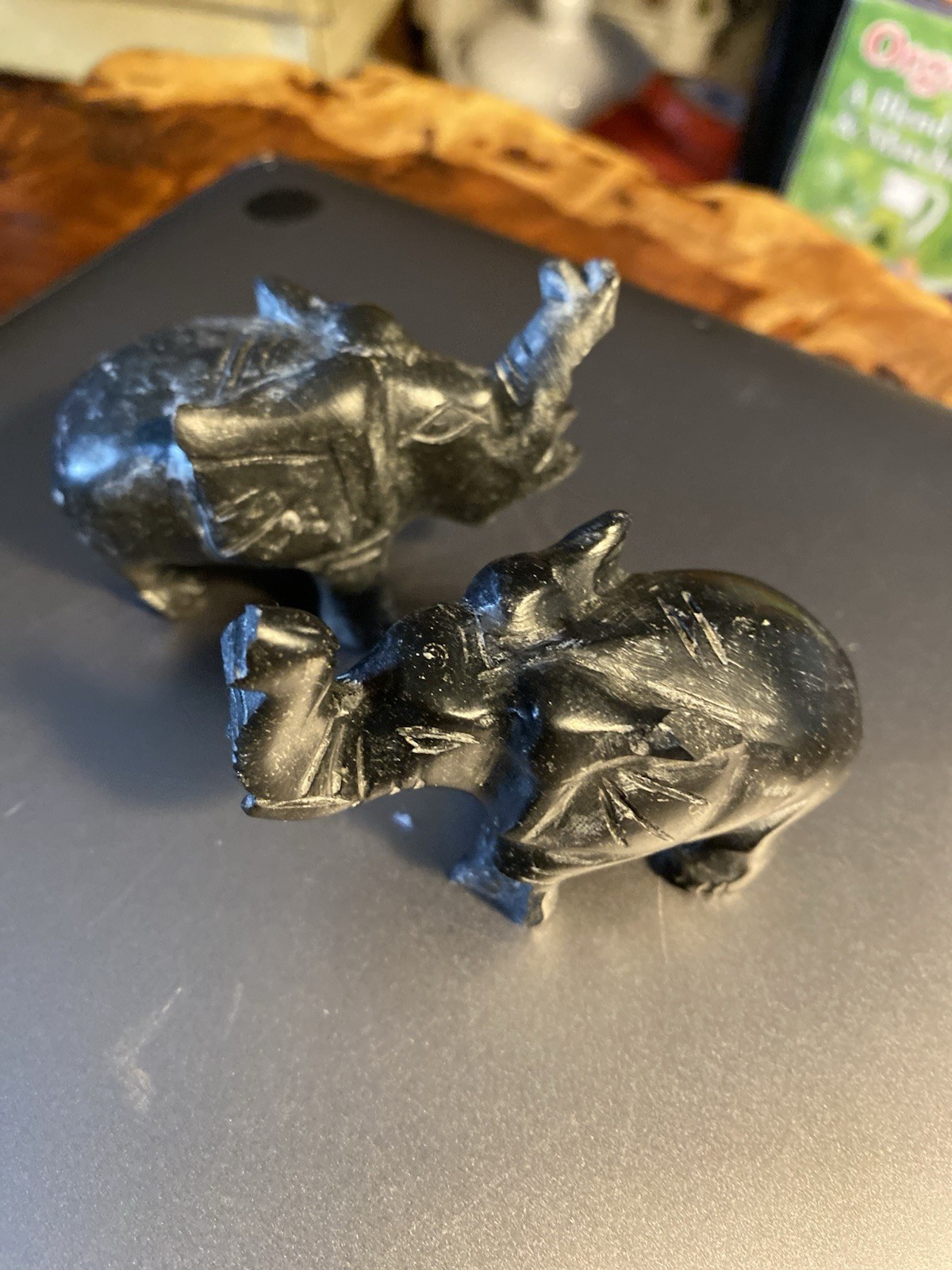 Black Stone Elephant Figurines Pair Lot of 2 Mini Carved Statue Sculptures