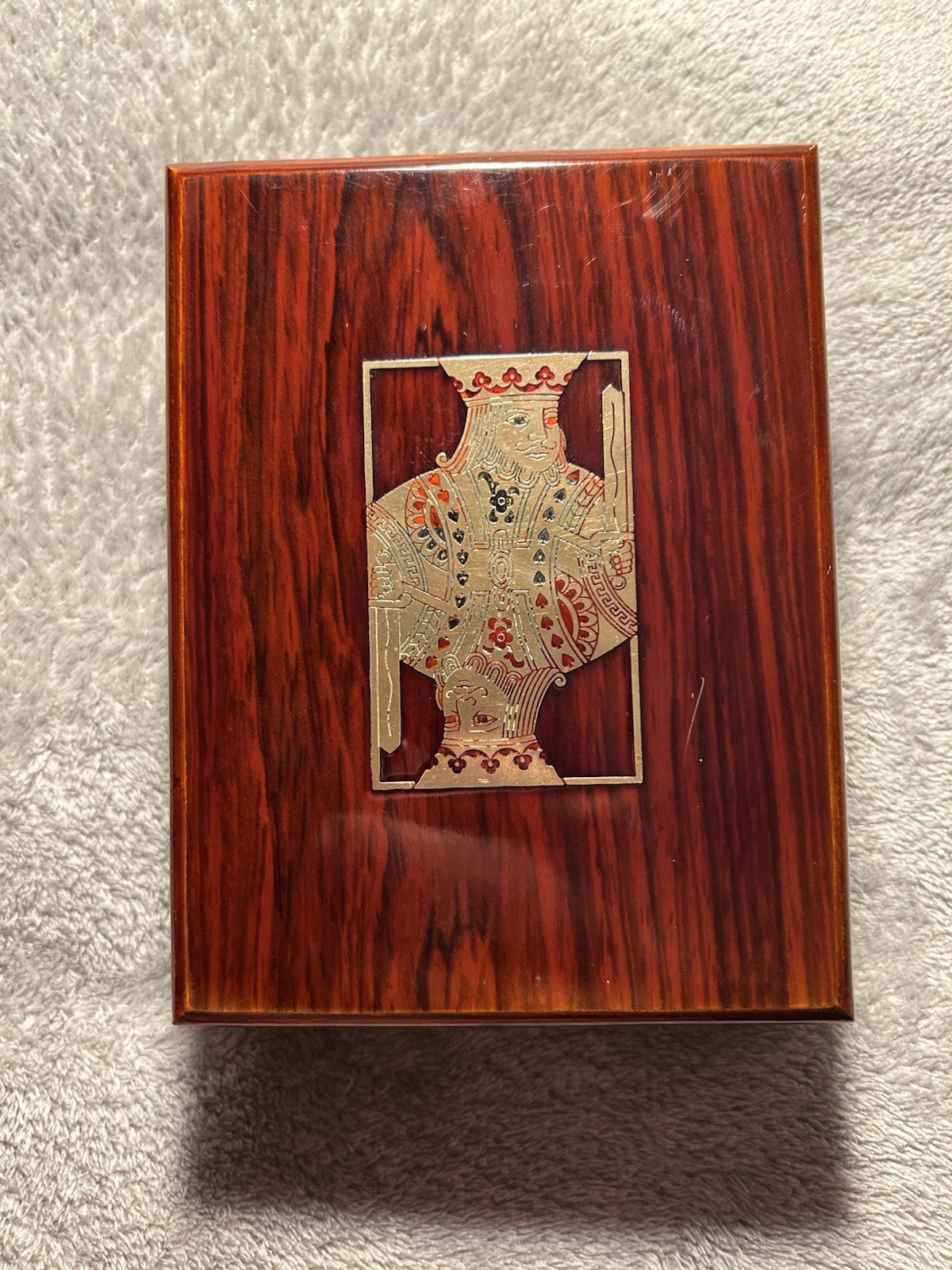 Vintage MCM Wood Playing Card Box Brass King of Spades Inlay 2-Deck Holder