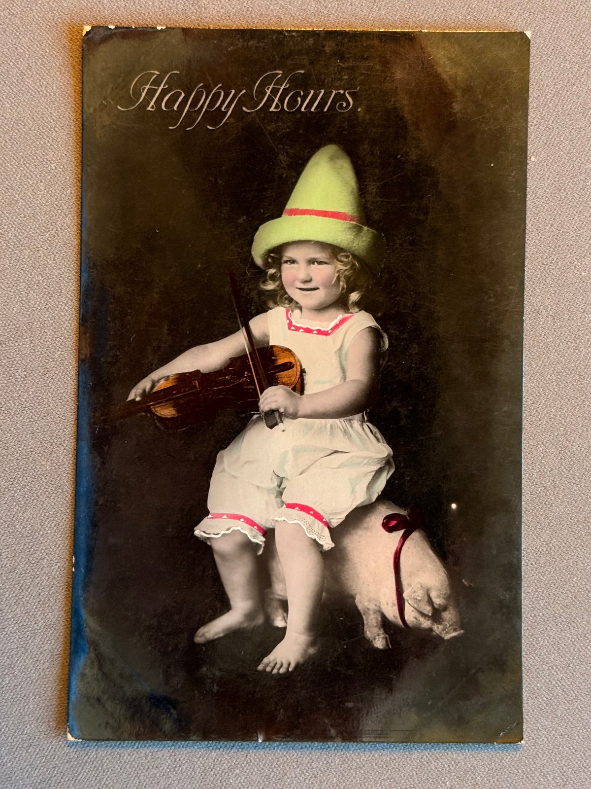 Pink Pig And Child Playing The Violin In Green Hat, Tinted RPPC, PM 1907
