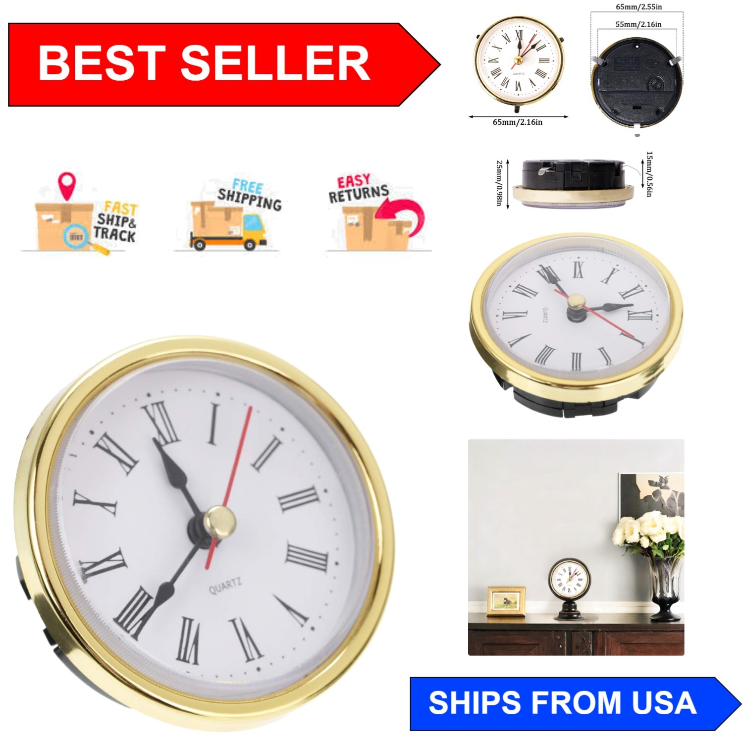 Classic 2-1/2 Inch Quartz Clock Insert – Roman Numeral Style for Home Decor