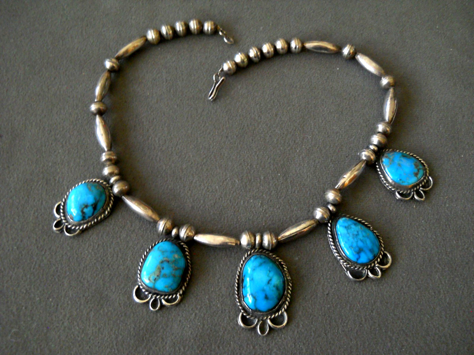 Native American Navajo Domed Rich Blue Turquoise Sterling Silver Bead Necklace