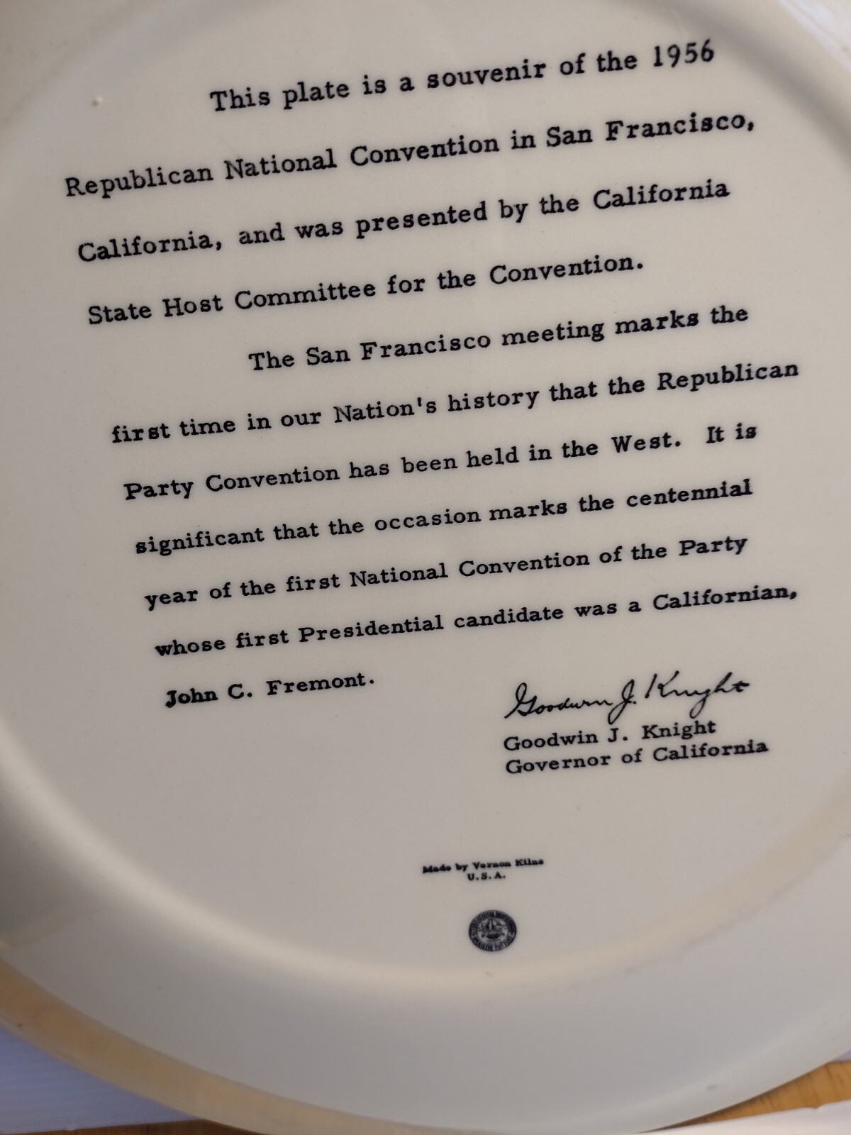 Vintage 1956 Republican National Convention Calif. Souvenir Plate