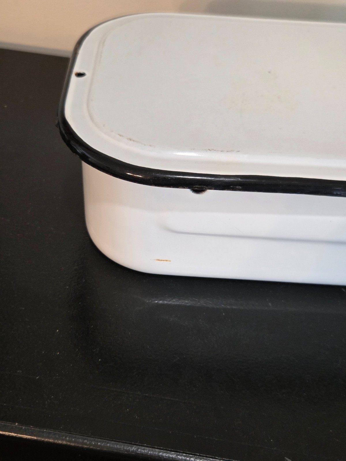 Vintage White & Black Enamelware Rectangular Lidded Refrigerator Crisper