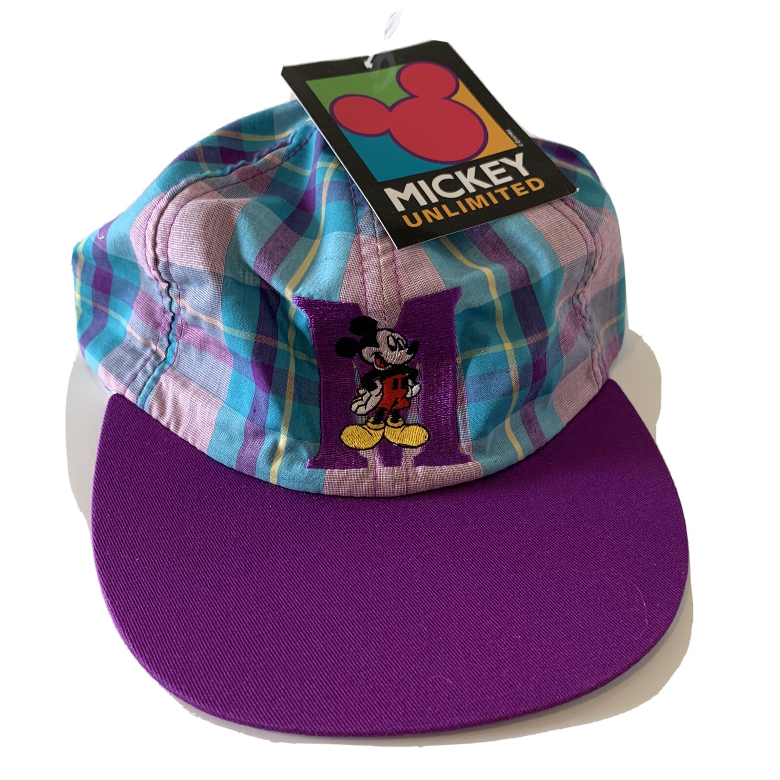 Vintage 90s NEW Mickey Unlimited Hat Plaid Elastic Back Deadstock