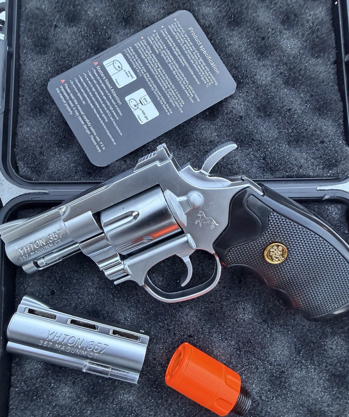 YHTON 357 Revolver-Shaped Torch Lighter, Silver Black Orange, collectible