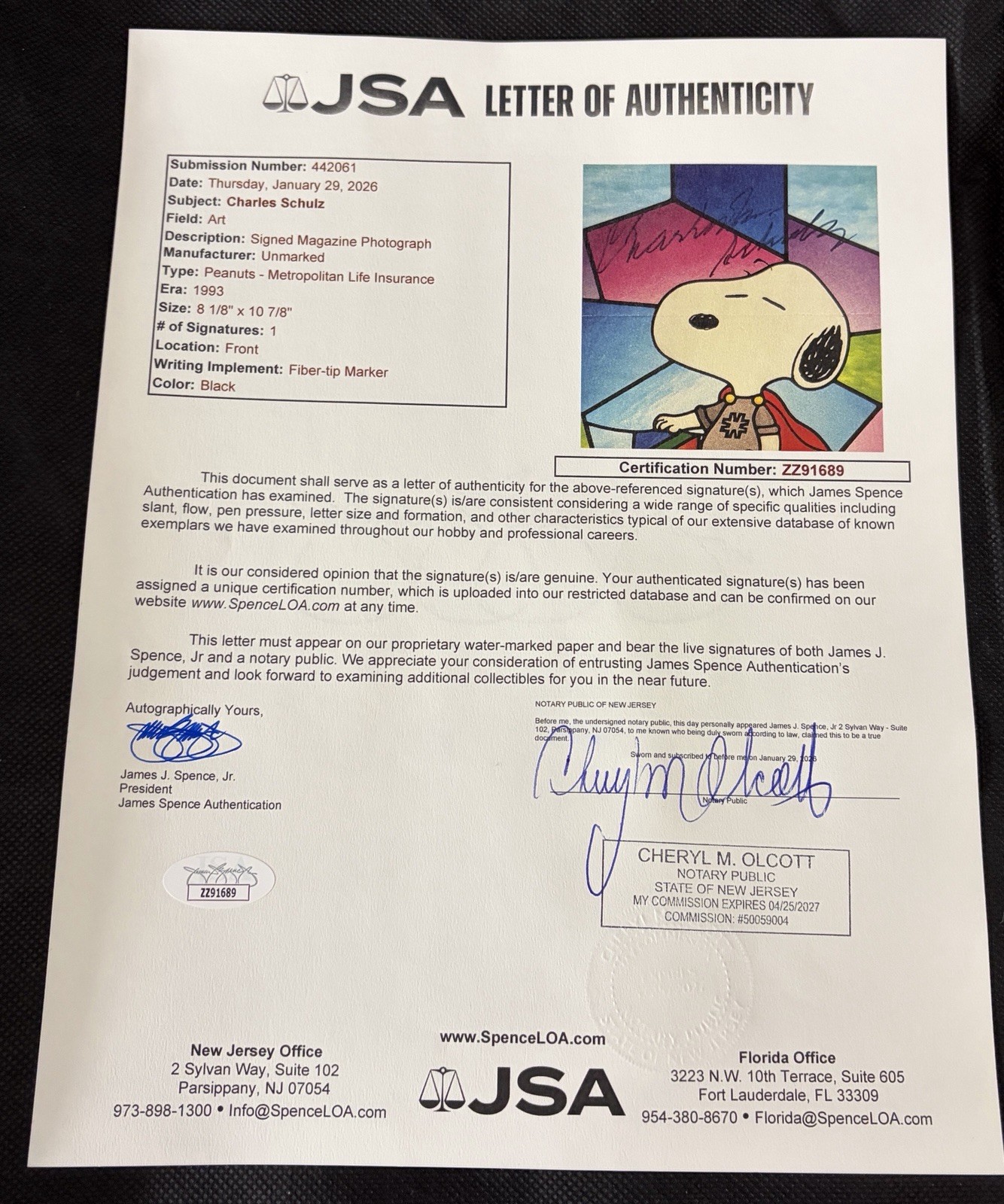 Charles Schulz Signed Snoopy Advertisement Page Color 8×10 JSA LOA