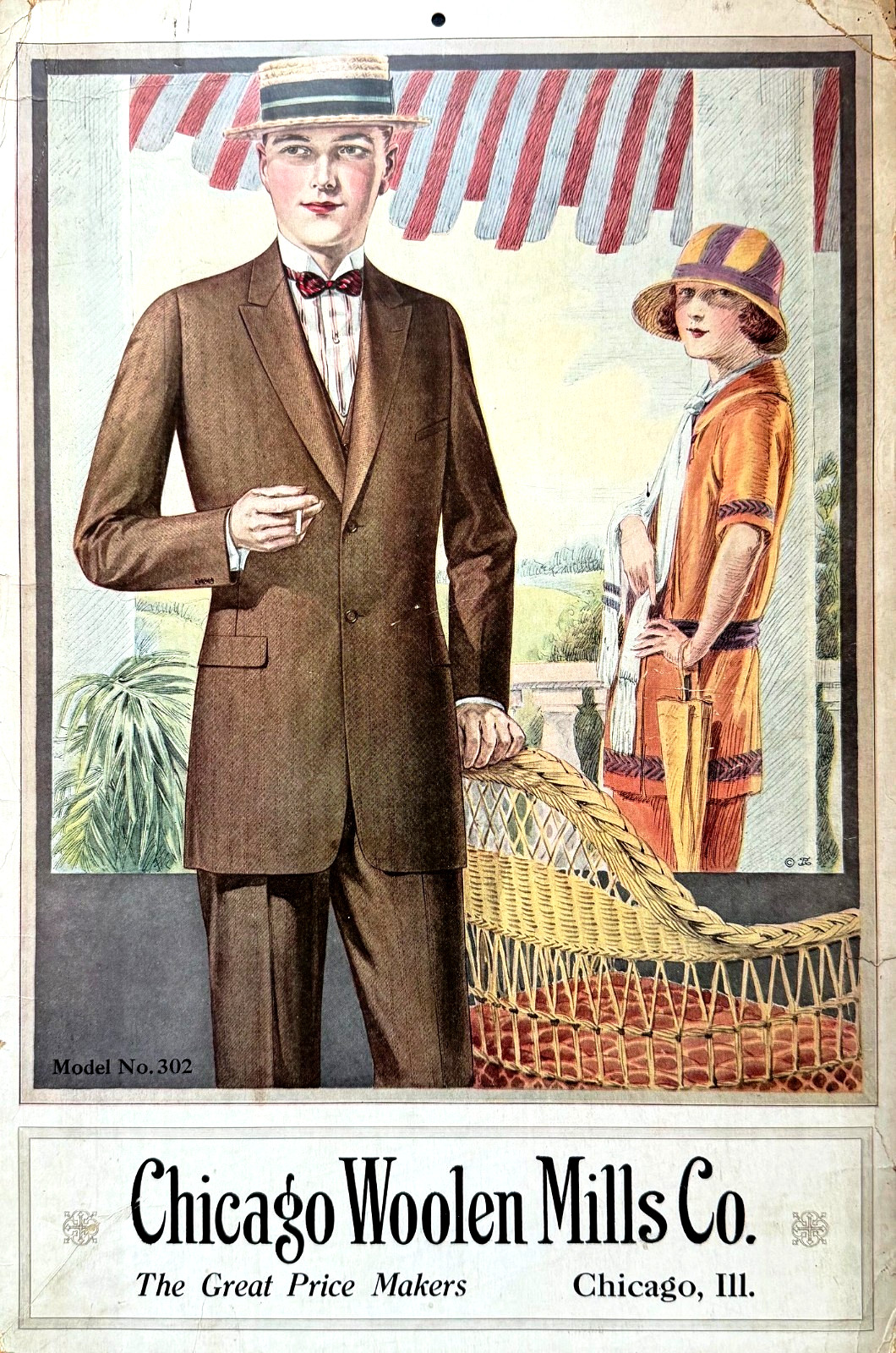 ORIGINAL 1920s VTG Chicago Woolen Mills Co TAILORING Advertising Store Poster