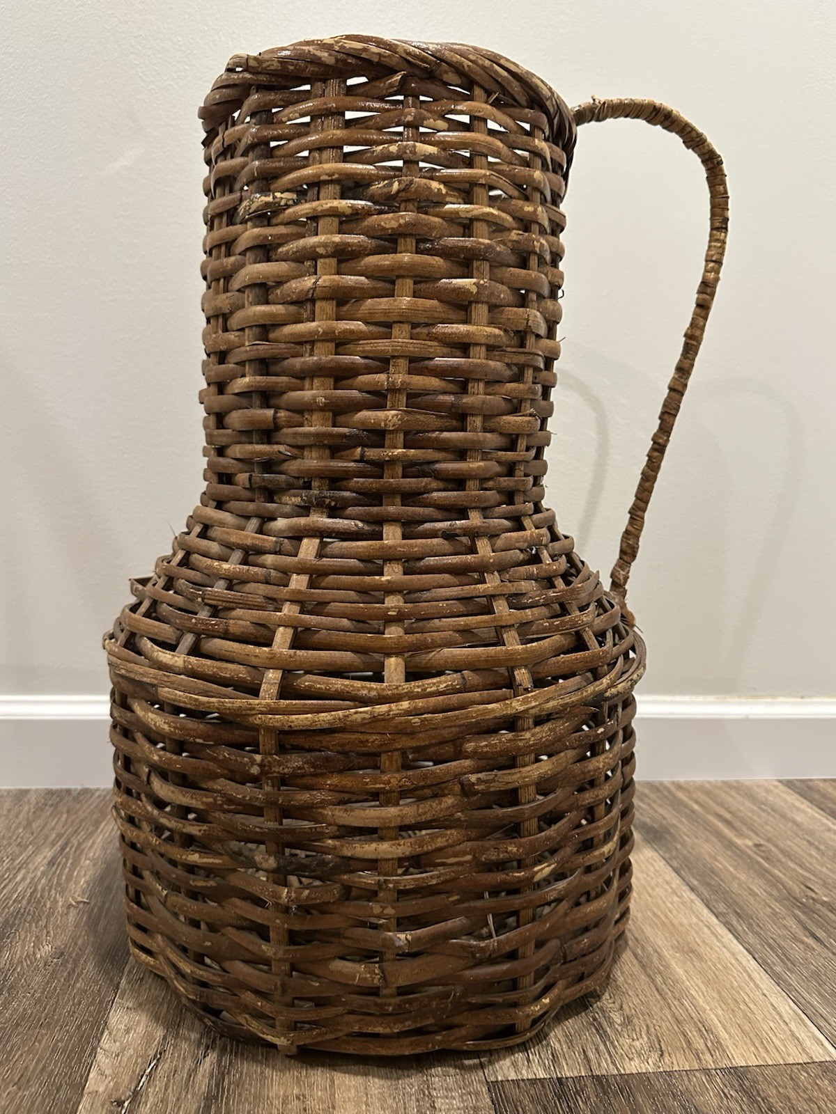 Vintage Wicker Rattan Basket Pitcher Vase Shaped With Handle 21in tall