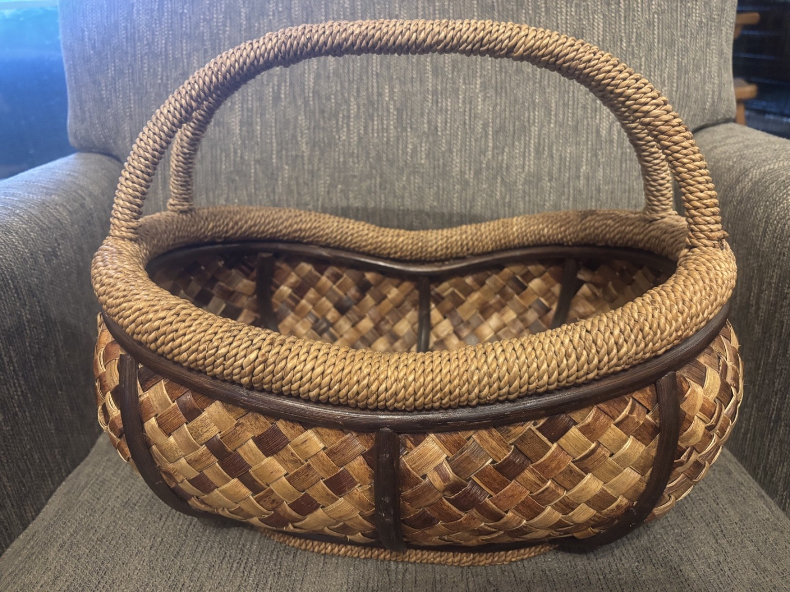 Vintage Palecek Wicker Basket Oval Gathering Woven Rattan Decorative Storage