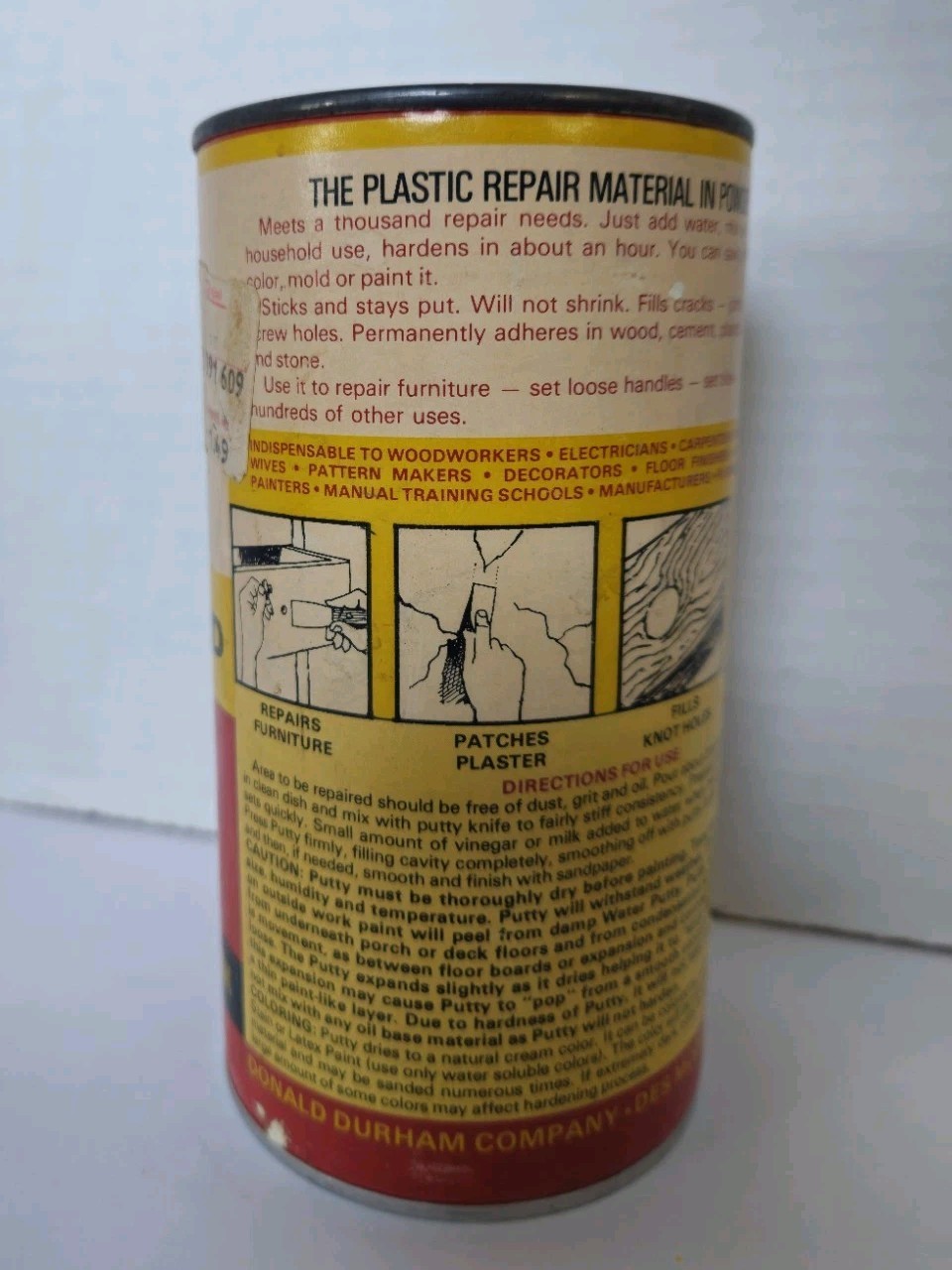 Vintage DURHAM’S Rock Hard Water Putty 1lb Tin and Cardboard Vintage