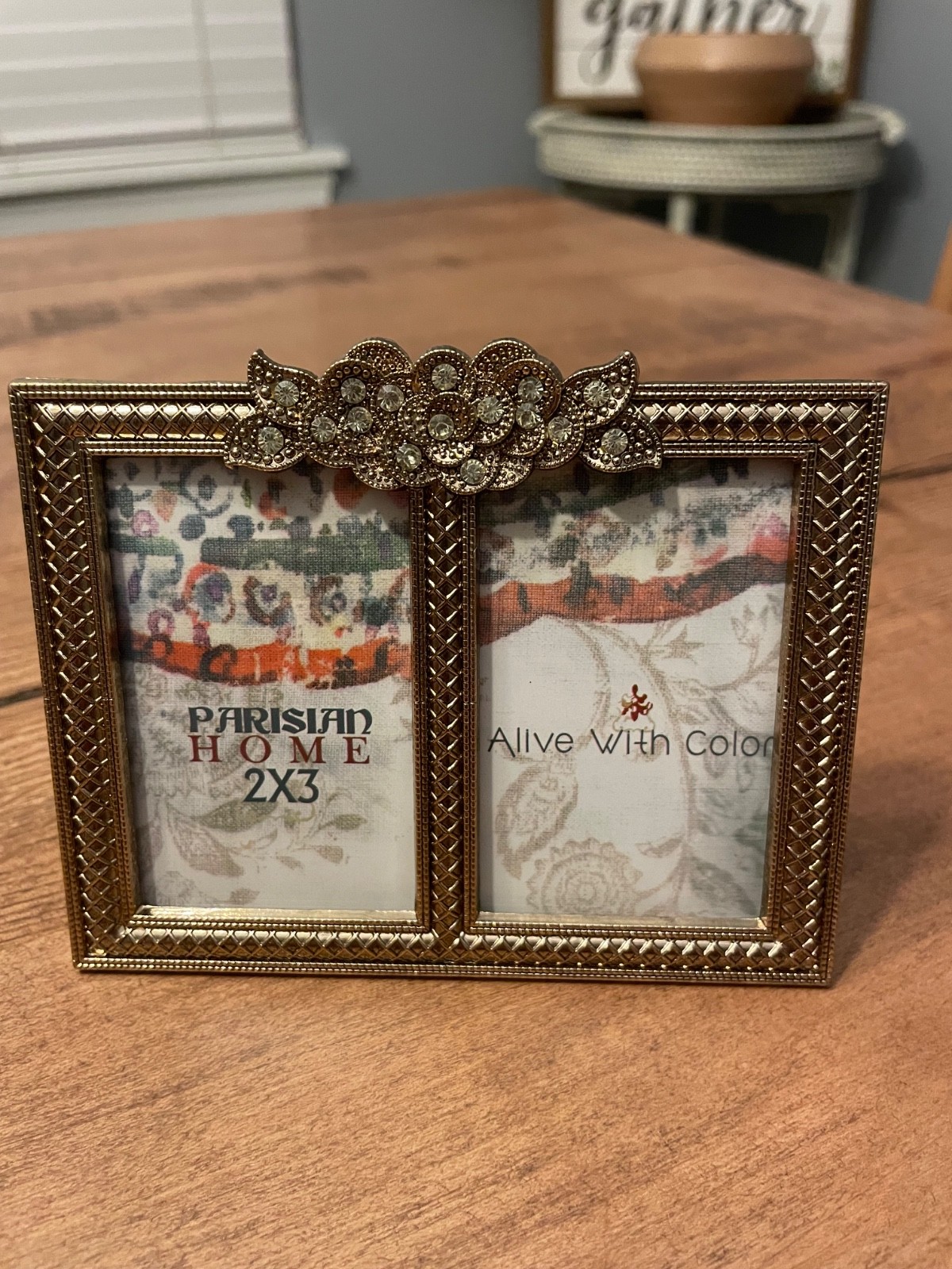 Parisian gold tone, metal ornate double picture frame with rhinestones 2014
