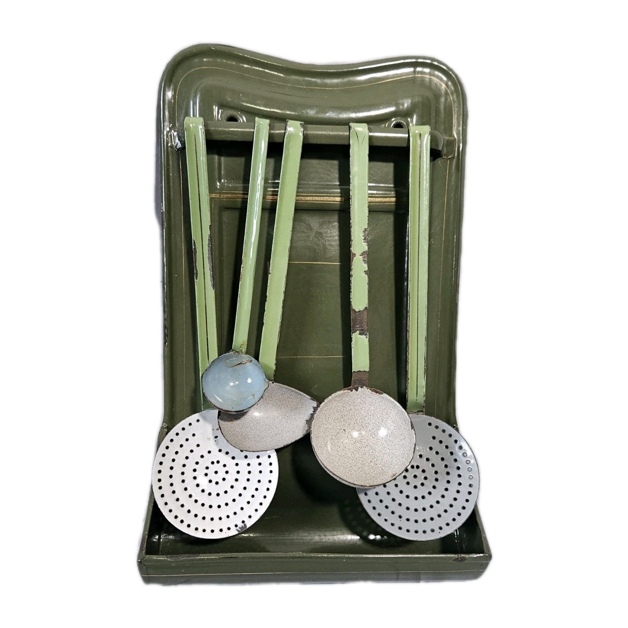 Vintage French Cottage Farm Green White Enamelware Kitchen Wall Rack & Utensils