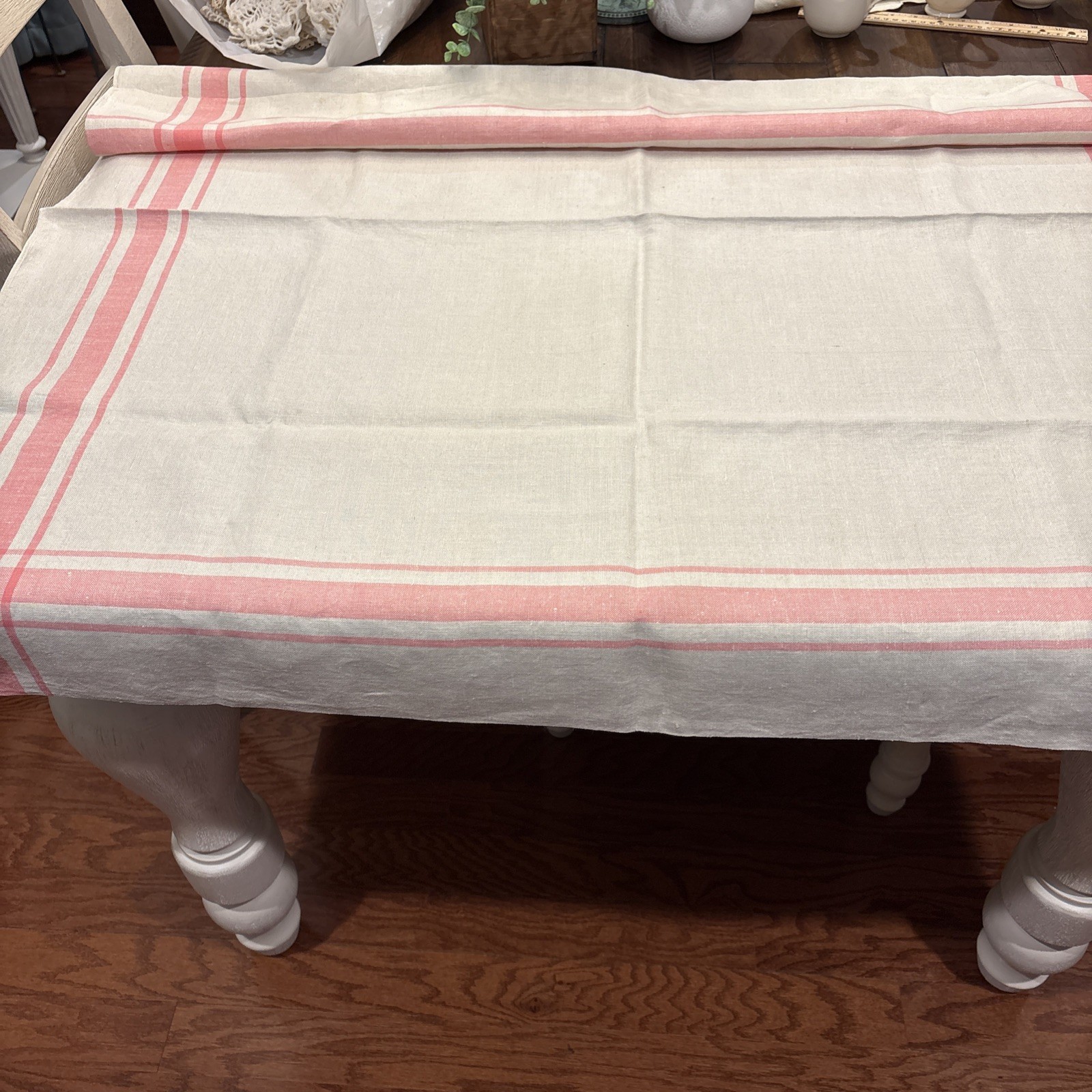 Small Vintage Linen Tablecloth Patterns Pink Striped Border 43 1/2” X 39 1/2”