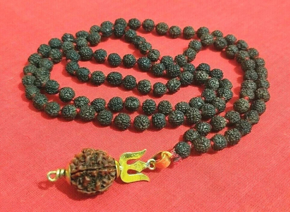 Rare Non Dye Authentic Natural Black Rudraksha Mala with Trishul Pendent