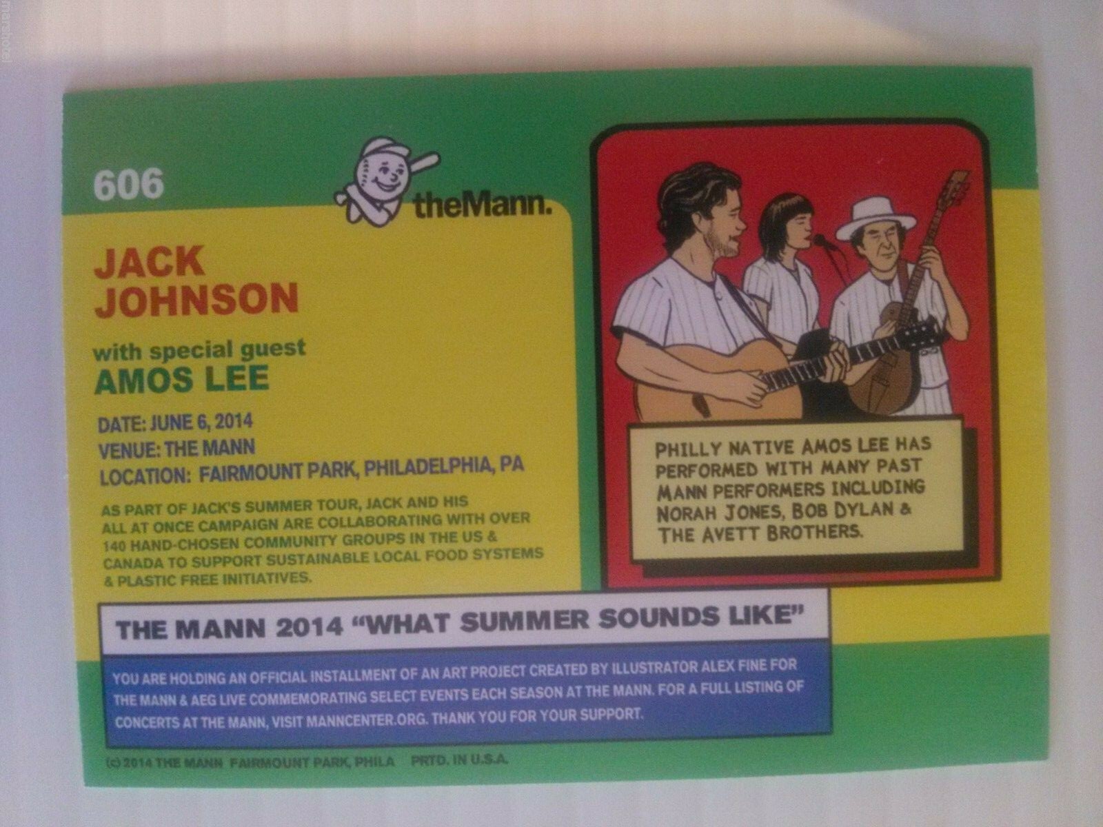 JACK JOHNSON AMOS LEE 2014 TOUR MANN MUSIC CENTER PHILADELPHIA TRADING CARD