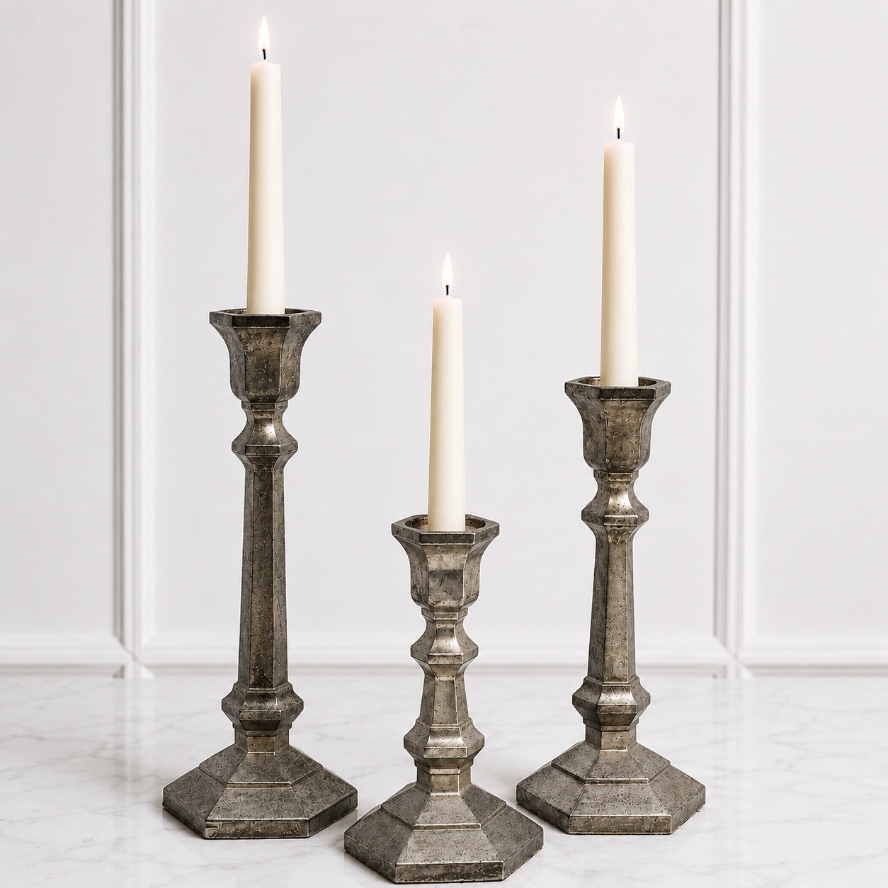 Geometric Silver EP Candlesticks Set Of 3 Modern Hollywood Regency Zinc Alloy