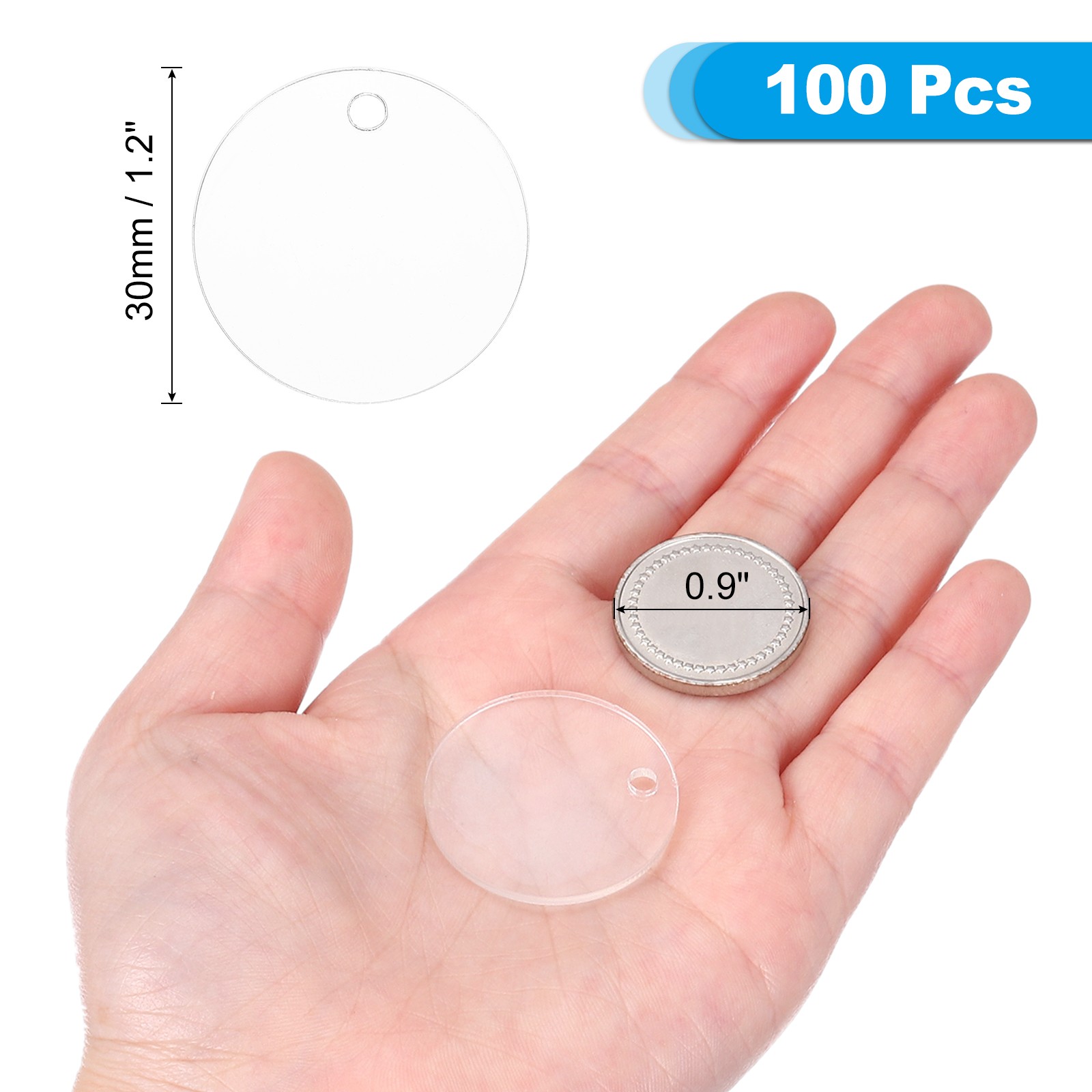 100Pcs 1.2 Inch Acrylic Blanks Round Thick DIY Keychain Blank with Holes 3mm