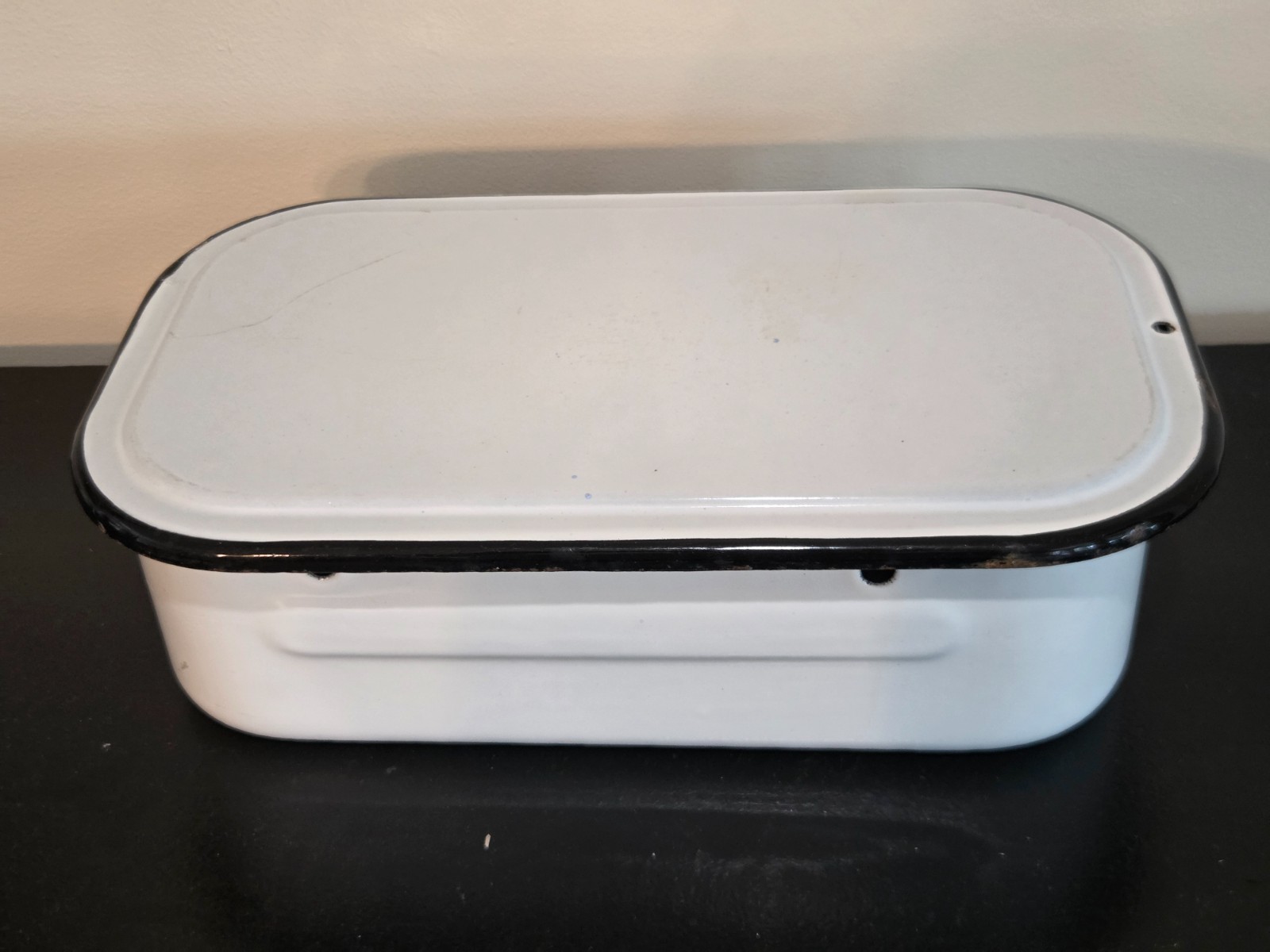 Vintage White & Black Enamelware Rectangular Lidded Refrigerator Crisper