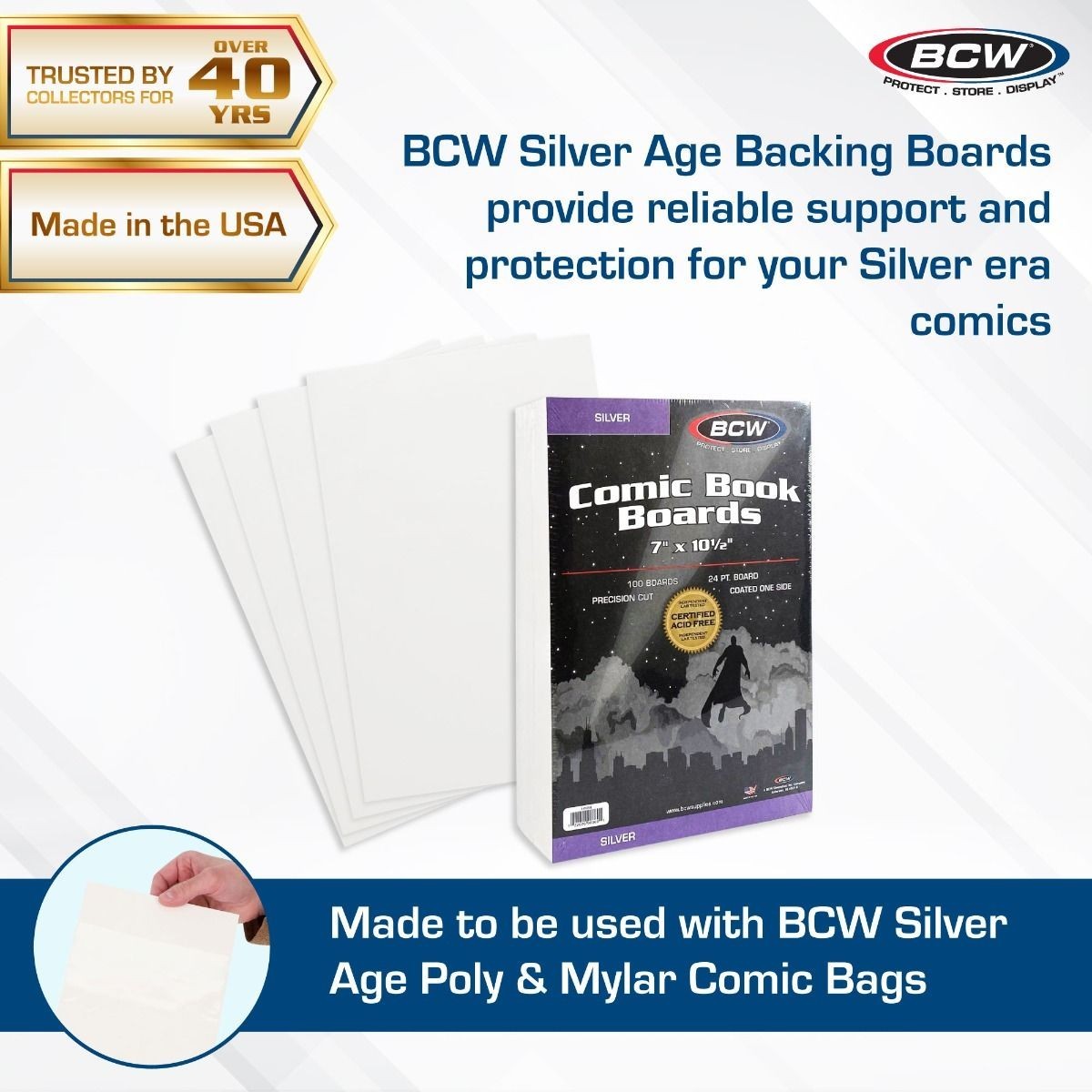 50 – BCW Silver Thick Resealable 2MIL Poly Comic Book Bags & Backing Boards