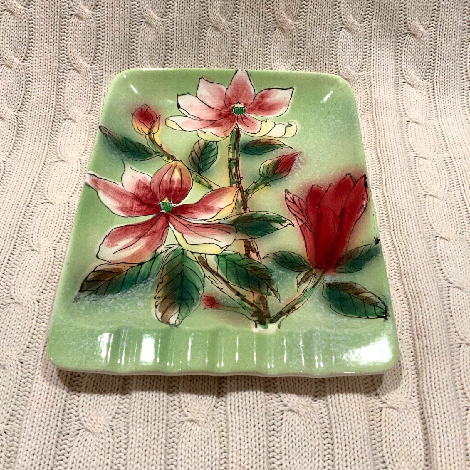 MCM Lipper & Mann Large Plate Style Ashtray Floral Green Ceramic 7 1/2” x 10”