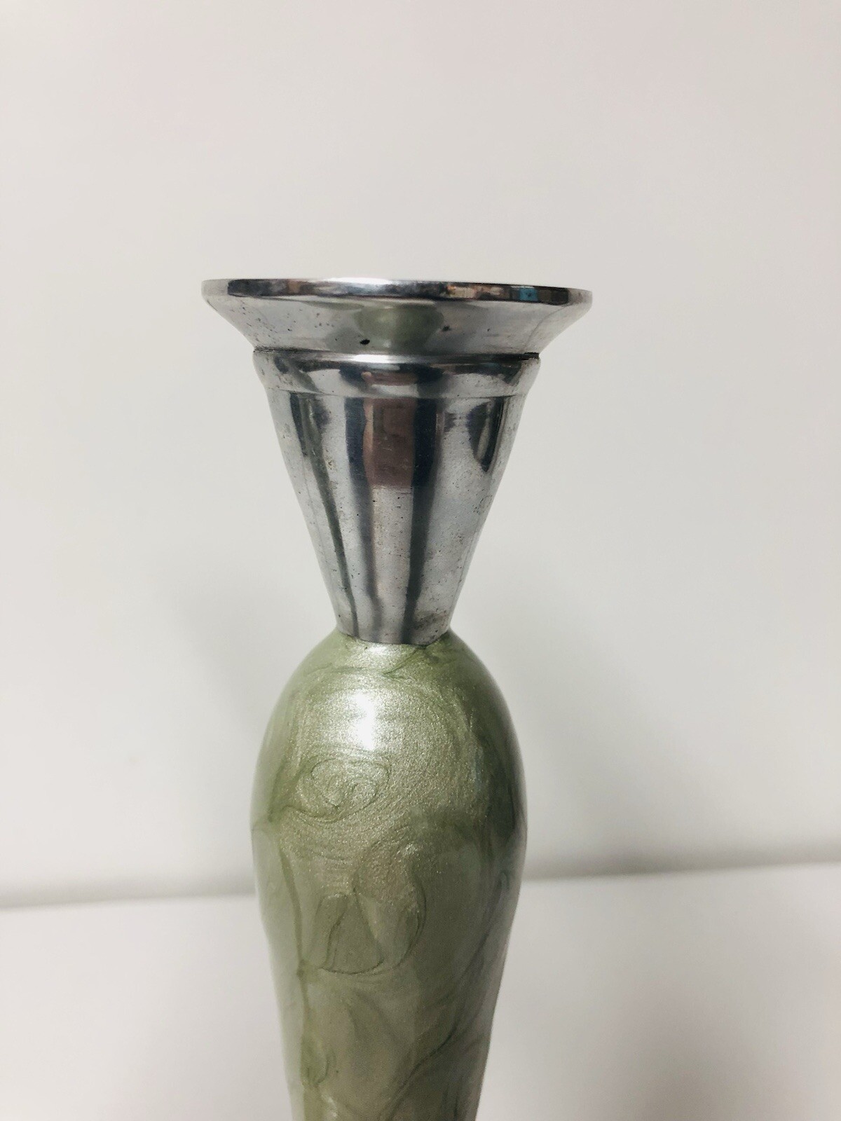 Epoxy Resin Sage Green & Silver Metal Candlestick Holders 10” India Rare Set
