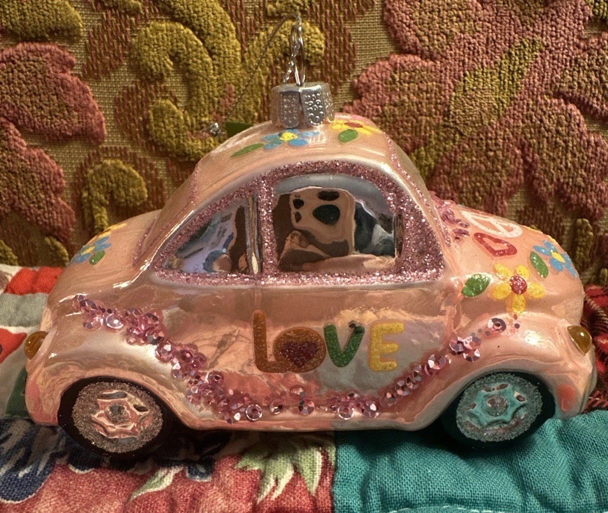 Love Bug Beetle Pink Christmas Glass Ornament Retro Ashland Flower Power