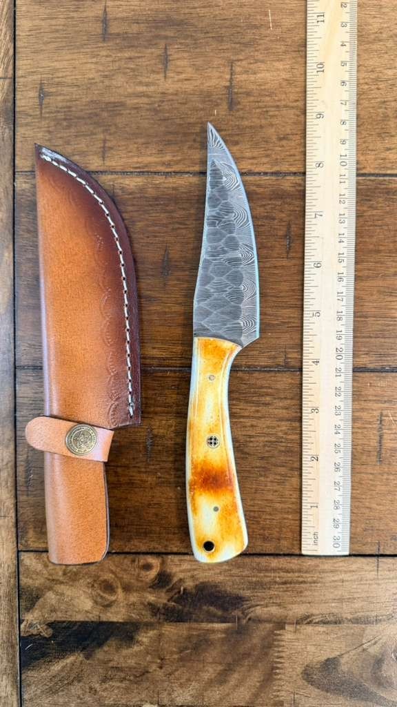 9″ CUSTOM HANDMADE HAMMERED DAMASCUS BURNT BONE HANDLE KNIFE W/ LEATHER SHEATH