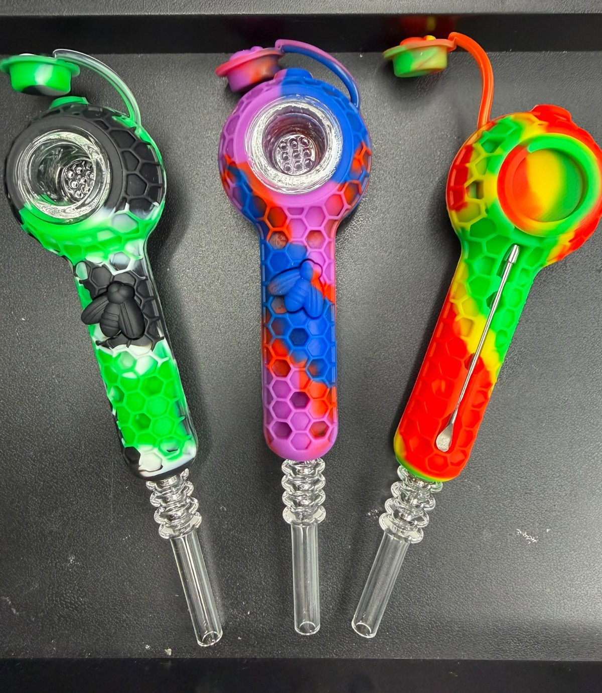 Honeycomb Silicone Pipes w/ Glass Bowl & Spoon -Complete Kit set of 3