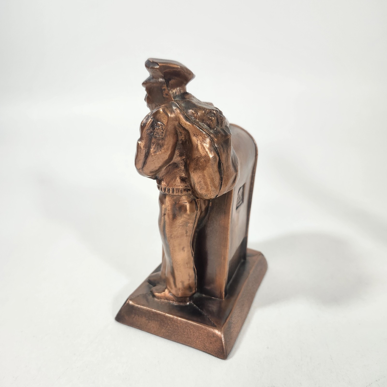 USPS Mailman Delivering The Mail Copper Tone Metal Coin Bank USA Made Vintage