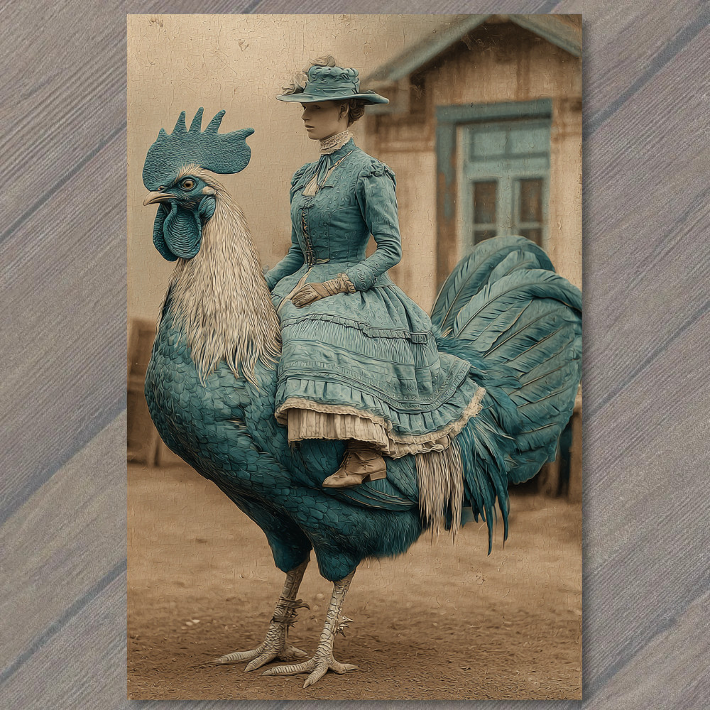 POSTCARD Victorian Lady Riding Giant Rooster Surreal Portrait